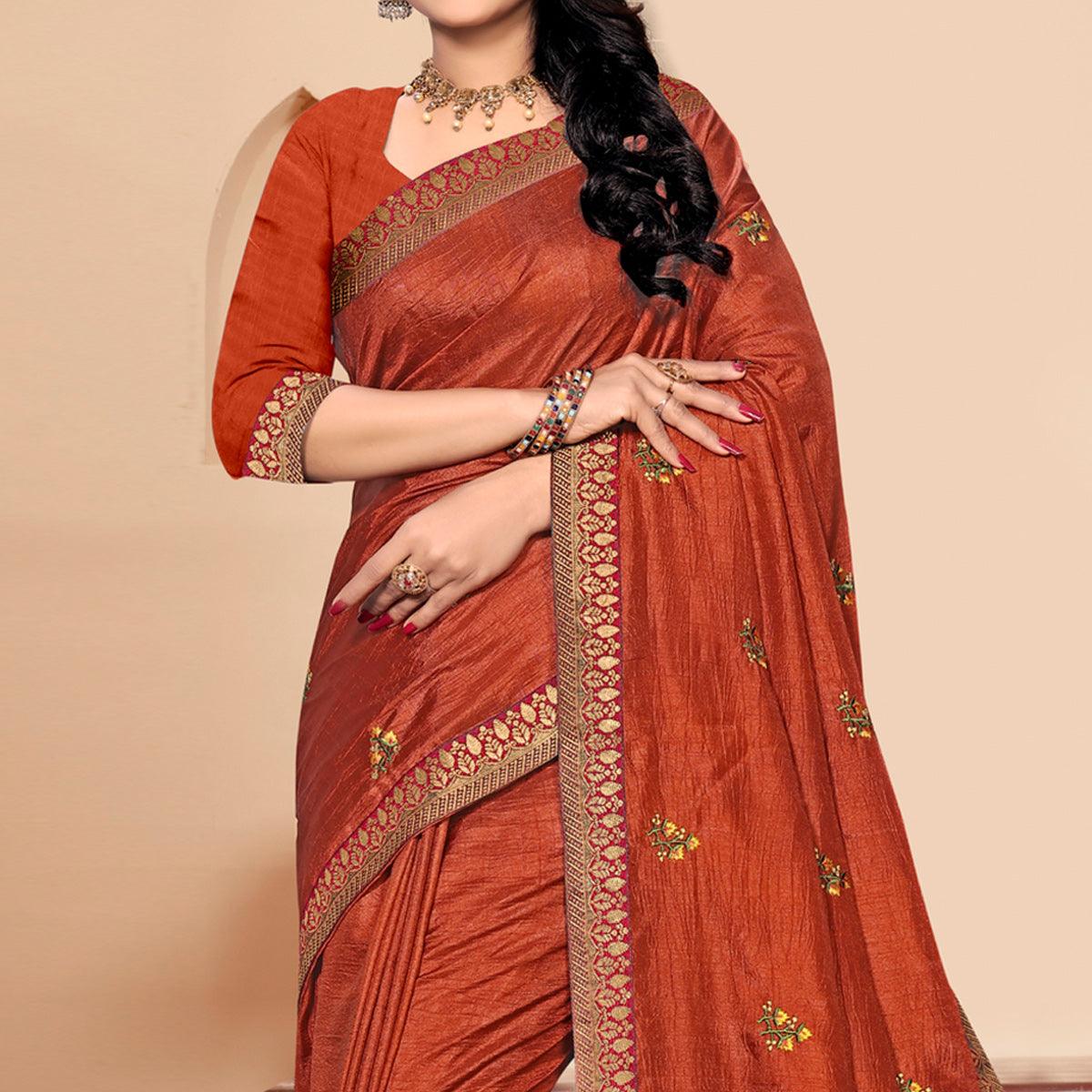 Peachmode Brown Embroidered Vichitra Silk Saree - view 2