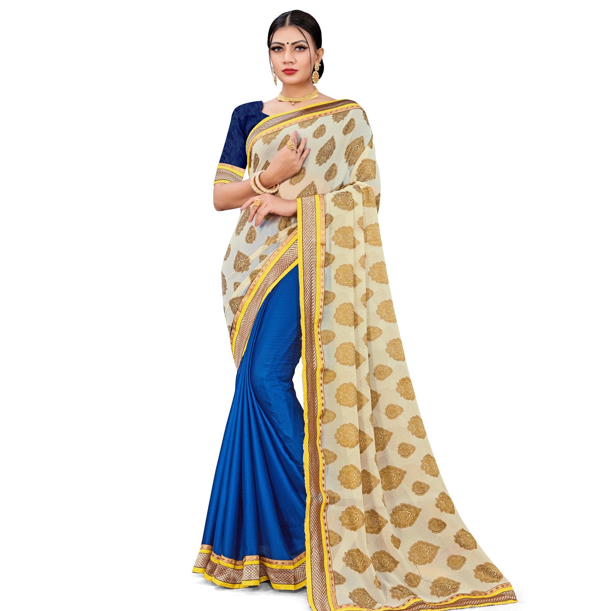 Peachmode Entrancing Blue-Cream Colored party Wear Georgette Half-Half Saree