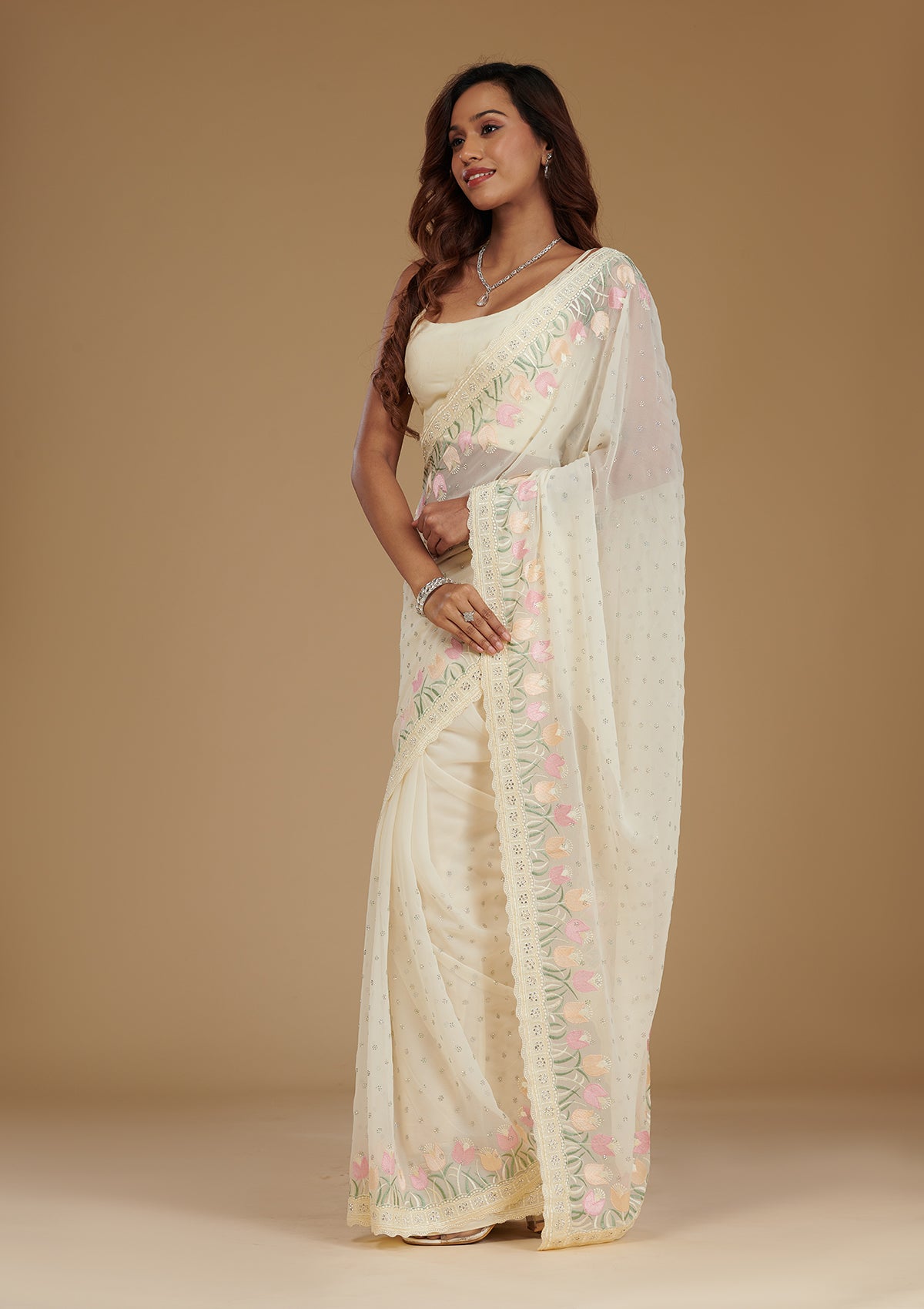 Koskii Cream Sequins Georgette Saree – Women's - view 4