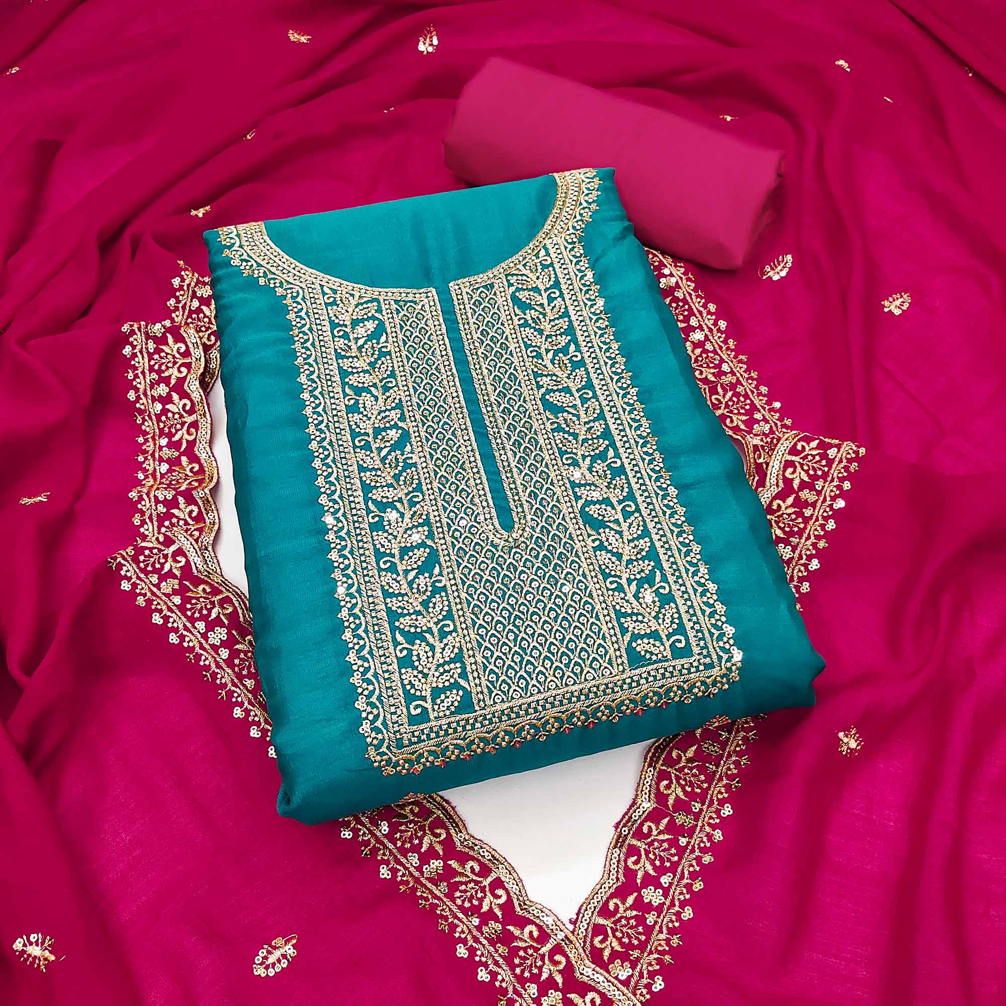 Peachmode Rama Blue Floral Sequins Embroidered Vichitra Silk Dress Material