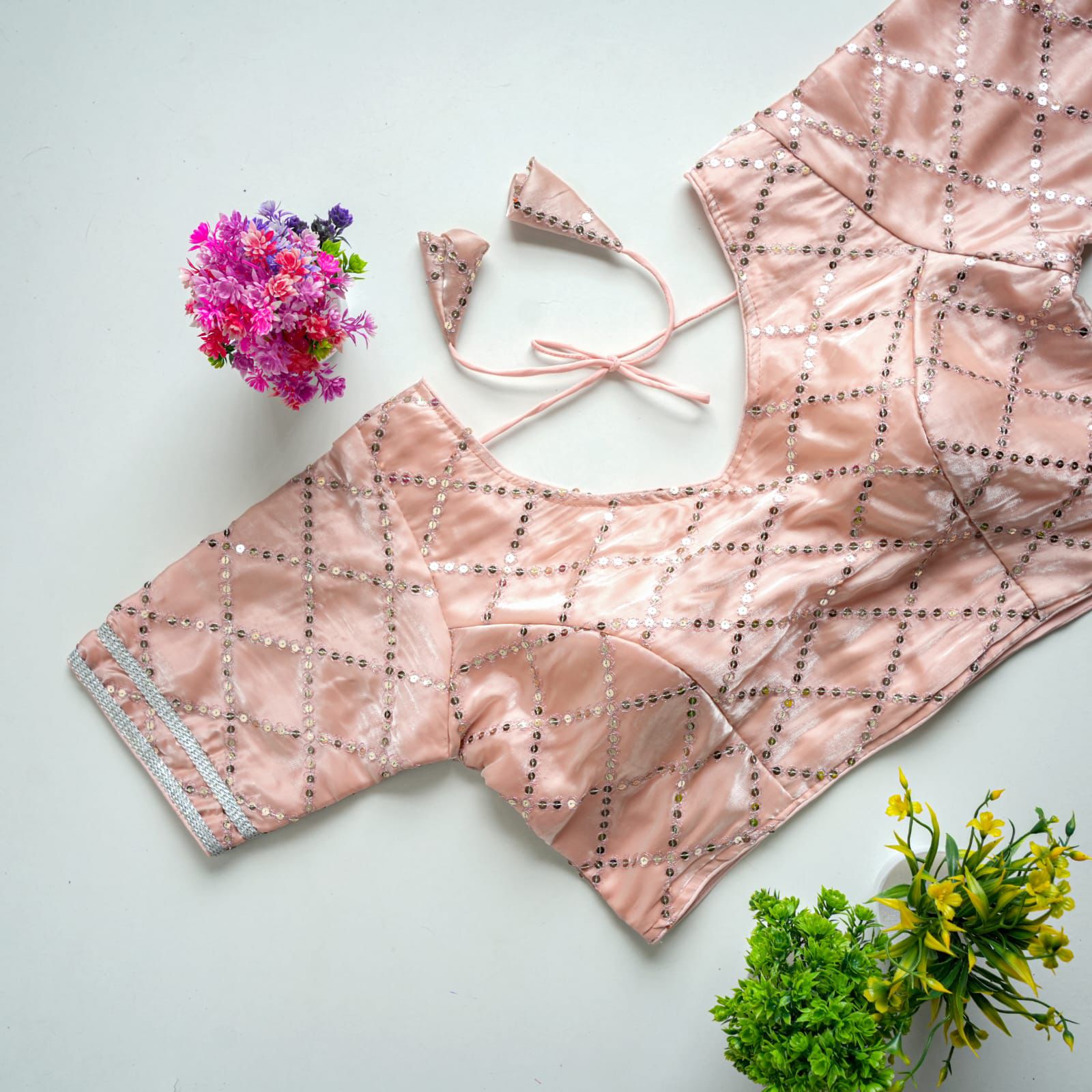 ClothsVilla Peach Color metalic Jimmy Choo Blouse with Exquisite Sequence Embroidery