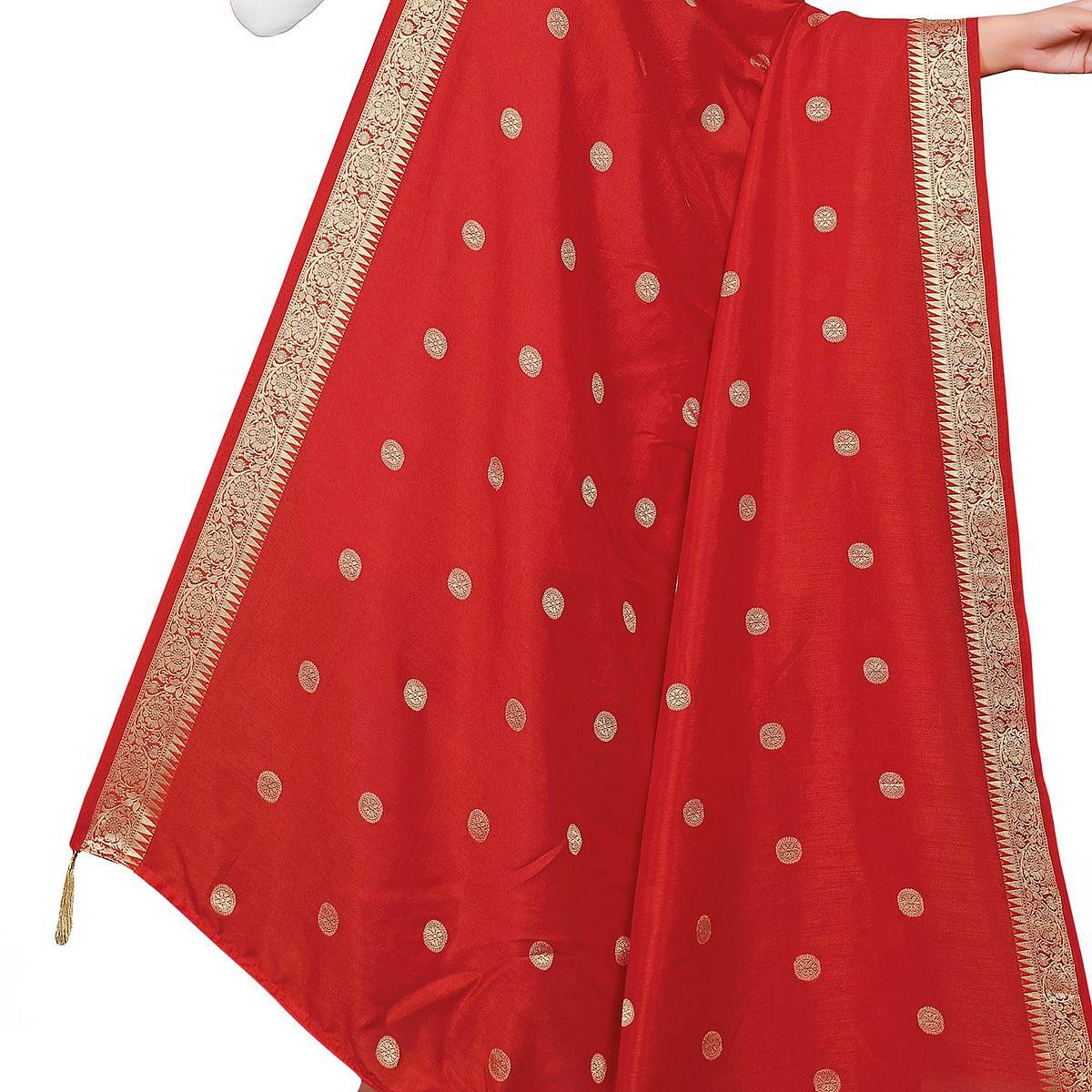 Peachmode Seller Charming Red Colored Festive Wear Woven Art Silk-Viscose Dupatta With Tassels - view 3
