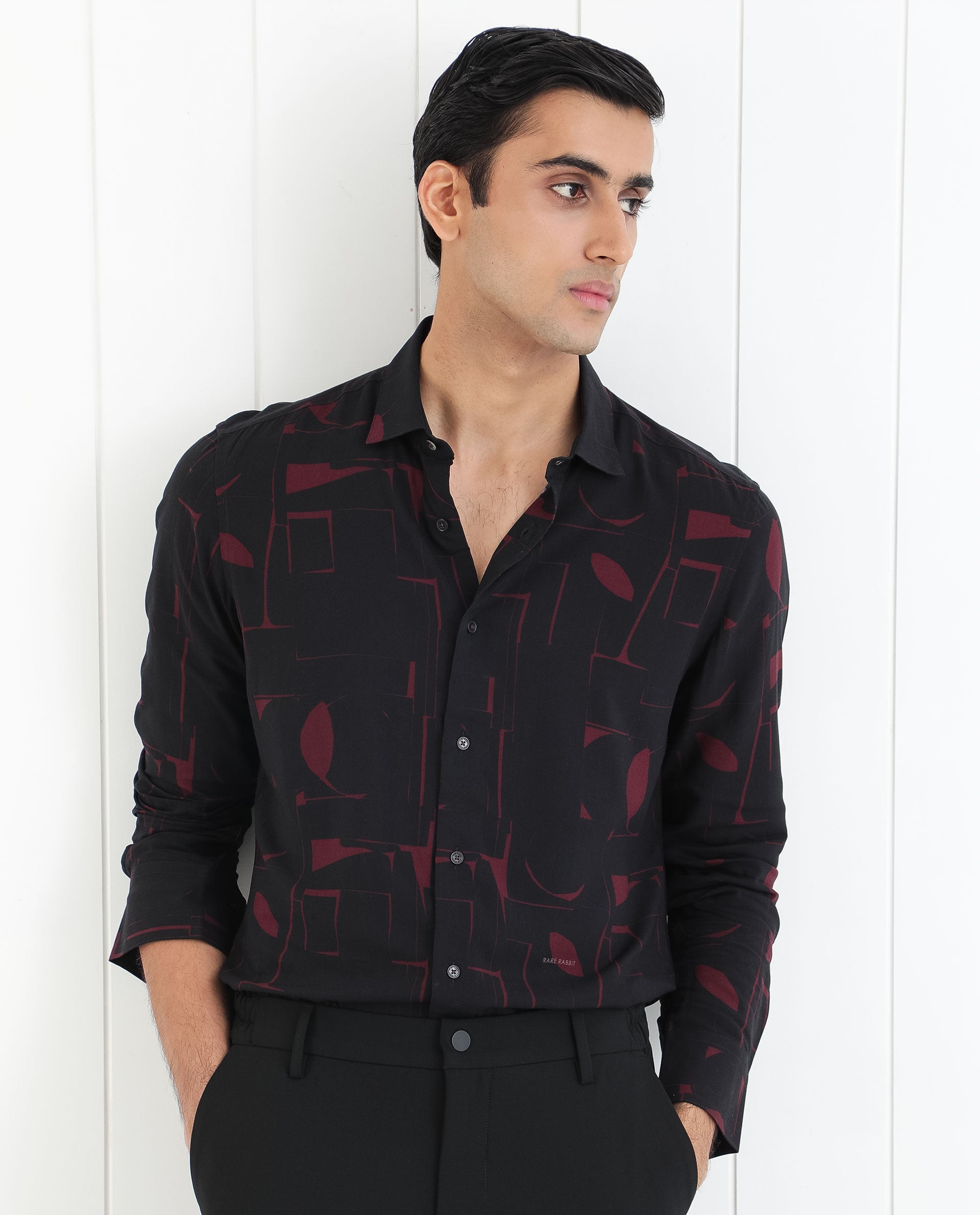 Rare Rabbit Men's Arjay Red Viscose Fabric Abstract Print Full Sleeves Shirt