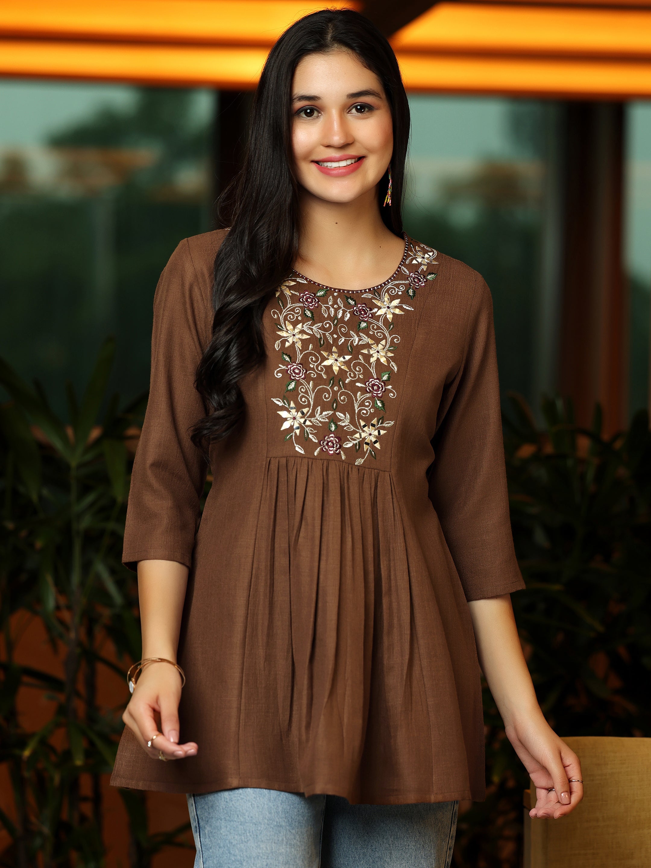 Libas Brown Yoke Design Cotton Blend A-Line Kurti