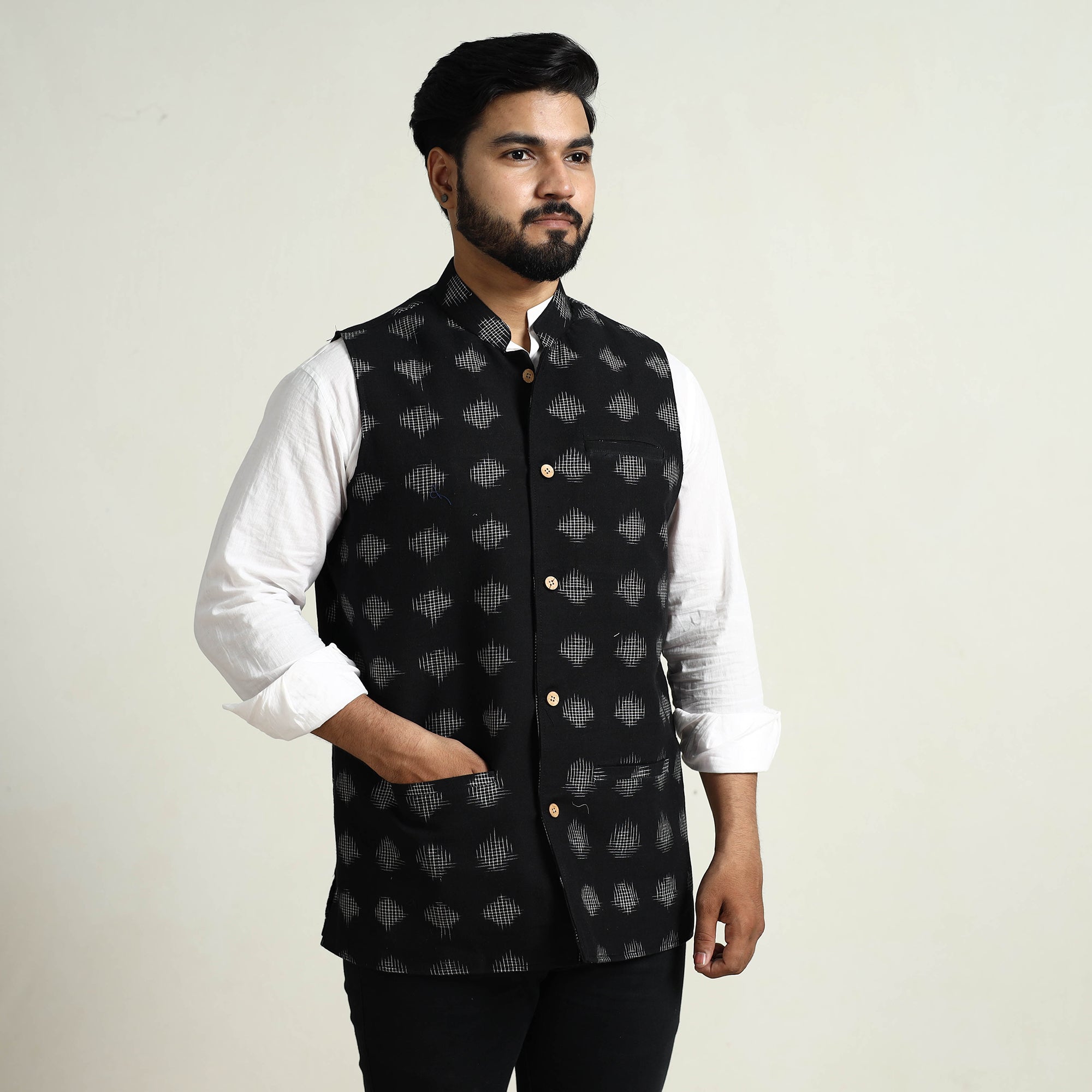 ITOKRI CASUALS Black - Pochampally Double Ikat Handloom Cotton Men Nehru Jacket 11 - view 2