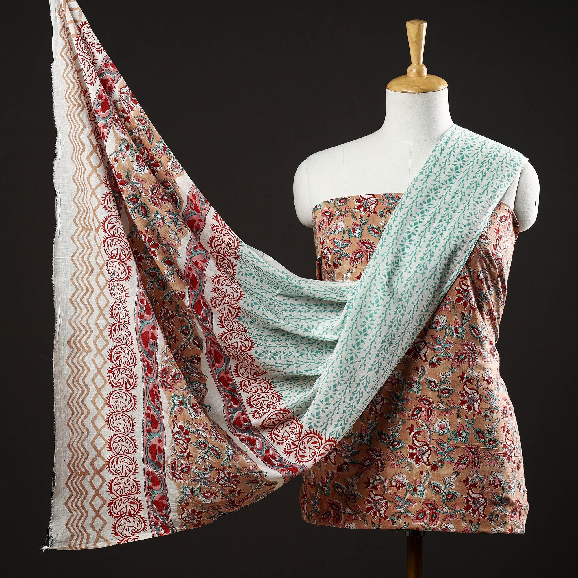 ARTISAN HAND BLOCK PRINTS Brown - 3pc Sanganeri Block Printed Cotton Suit Material Set