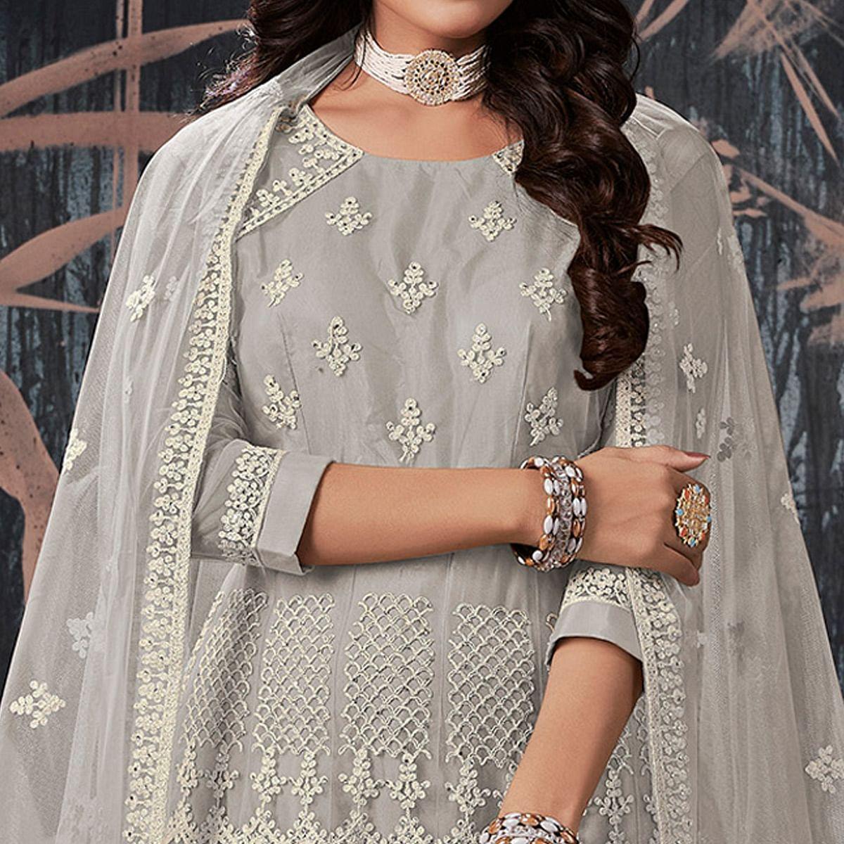 Peachmode Seller Grey Partywear Embroidery With Embellished Net Gown - view 2