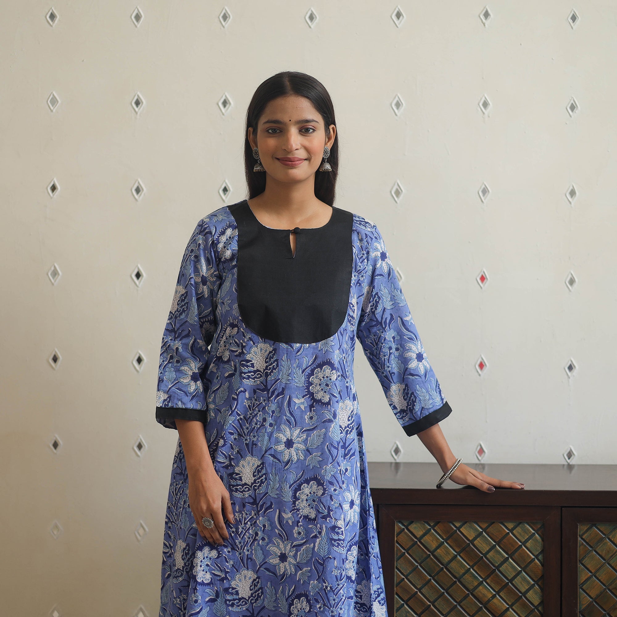 ITOKRI CASUALS Blue - Block Print Cotton Patchwork A-Line Sanganeri Kurta 08