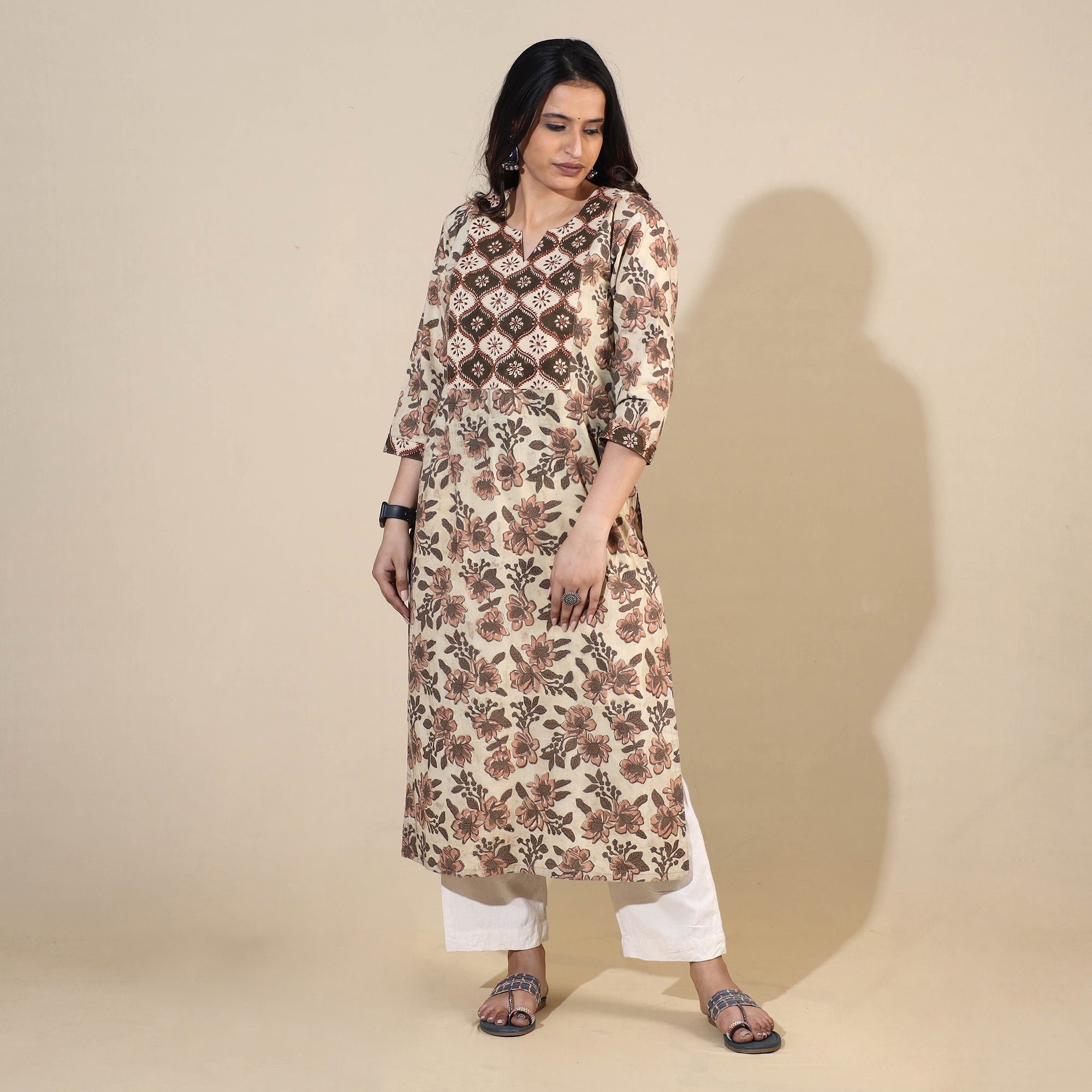ITOKRI CASUALS Beige - Bagru Hand Block Printed Cotton Long Straight Kurta - view 3