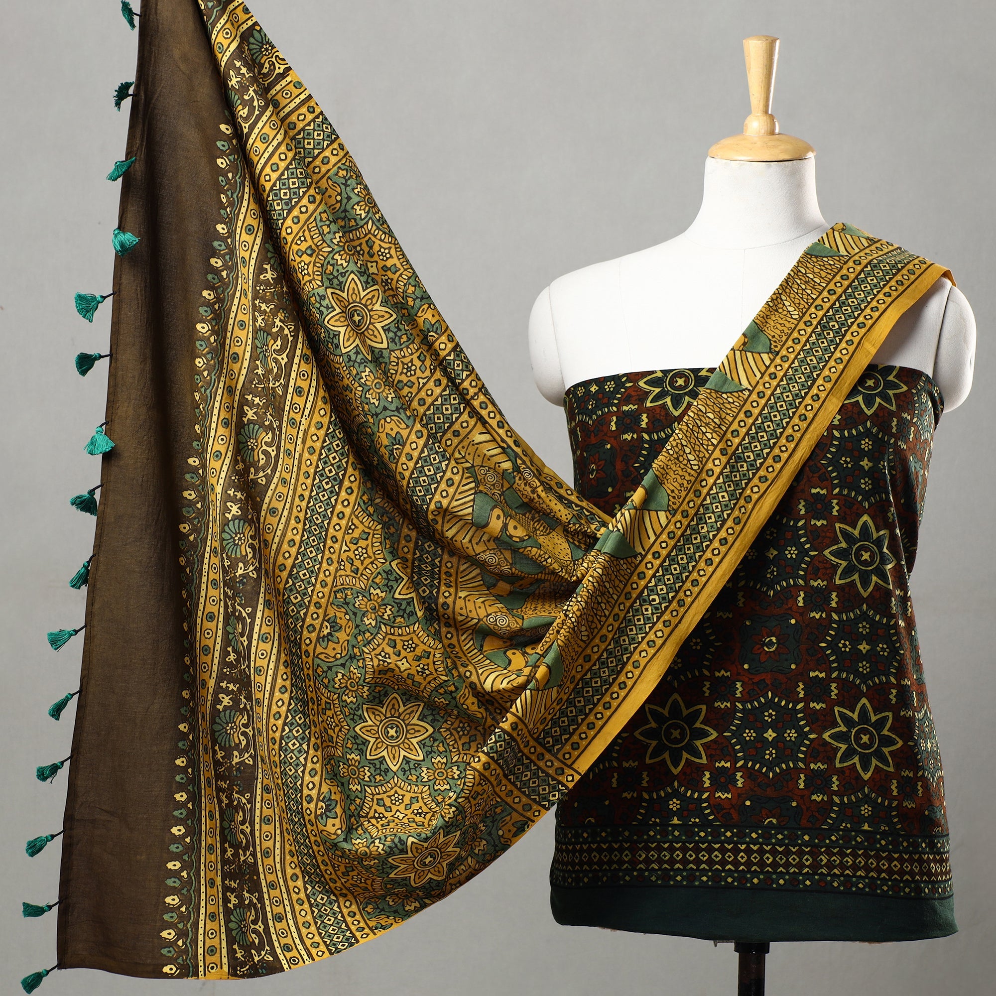 AJRAKH BY JABBAR KHATRI Brown - 3pc Ajrakh Block Printed Natural Dyed Cotton Suit Material Set 07