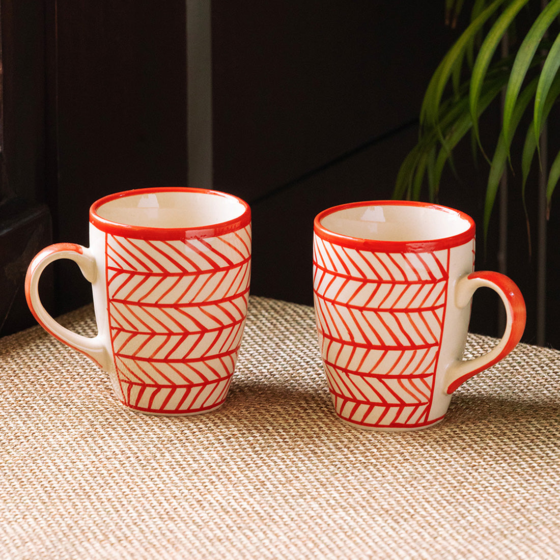 Tea coffee mugs – EXCLUSIVELANE 'Red Chevrons' Handpainted Ceramic Tea & Coffee Mugs (Set of 2, 260 ML, Microwave Safe)