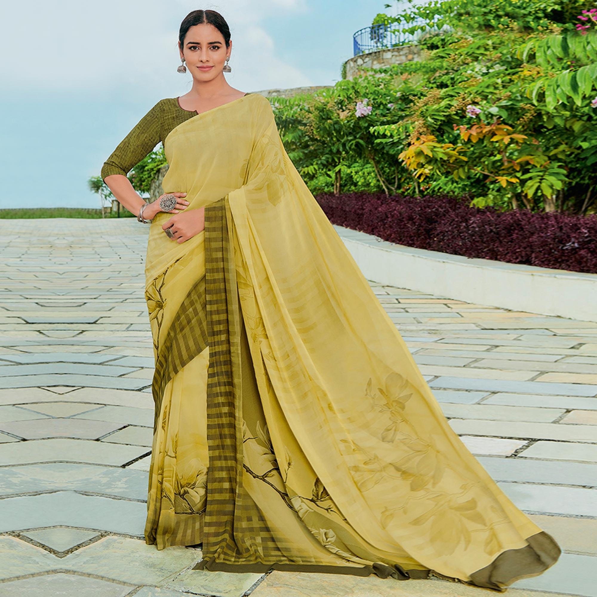 Peachmode Mehendi Green Printed Georgette Saree