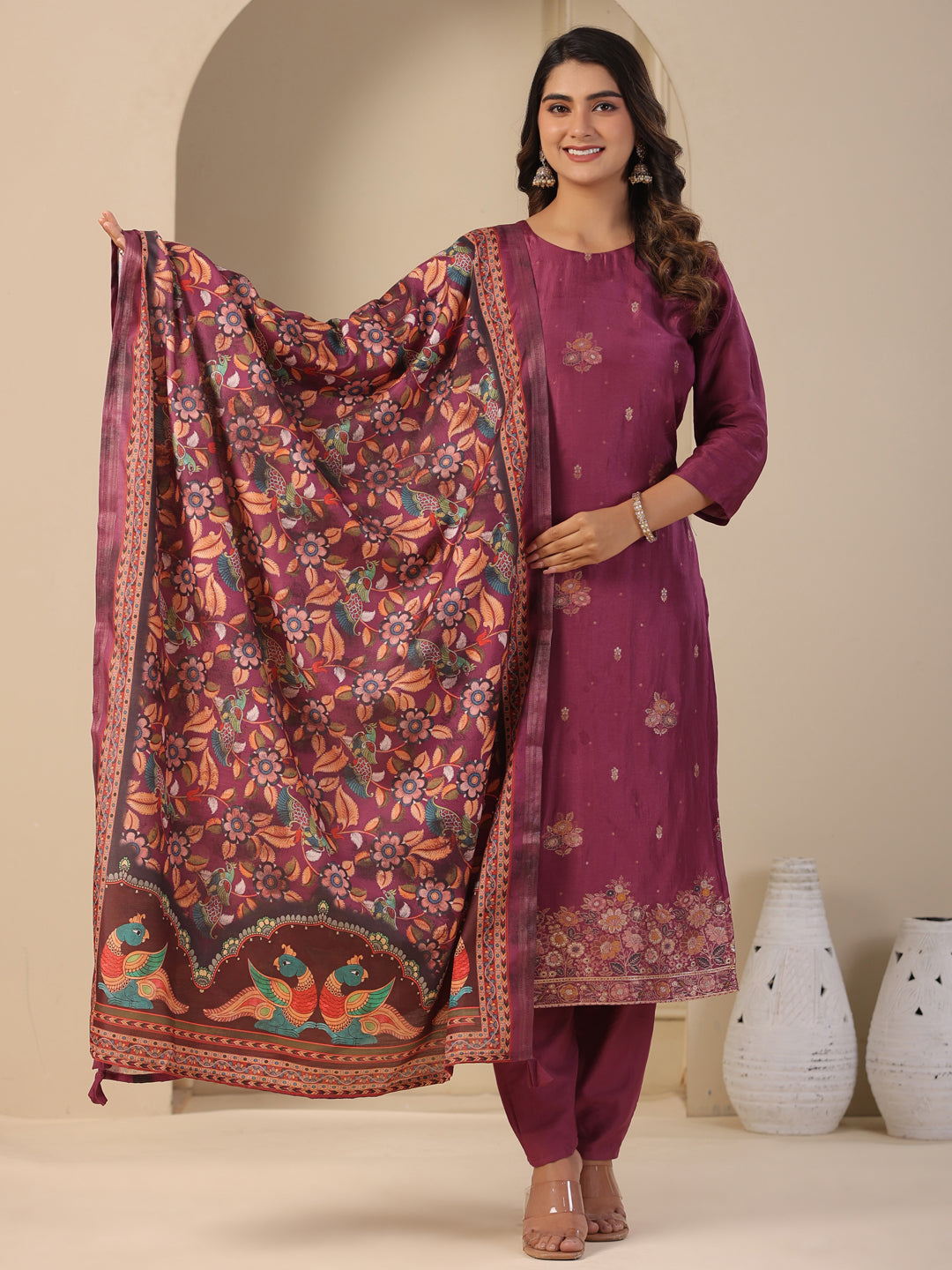 Fashor Ethnic Jacquard Woven Straight Kurta with Pant & Dupatta - Purple - view 2