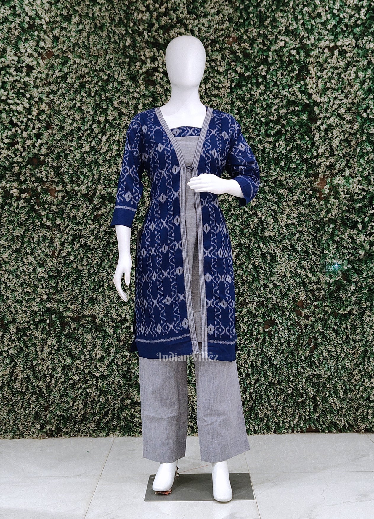 IndianVillèz Blue Gray Odisha Ikat Designer Cotton Kurti Set with Jacket-(3 Piece Set)