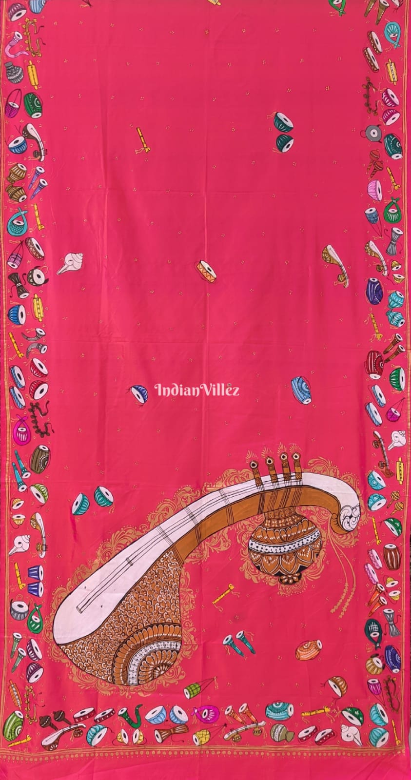 IndianVillèz Neon Pink Veena Design Hand-Painted Pattachitra Saree