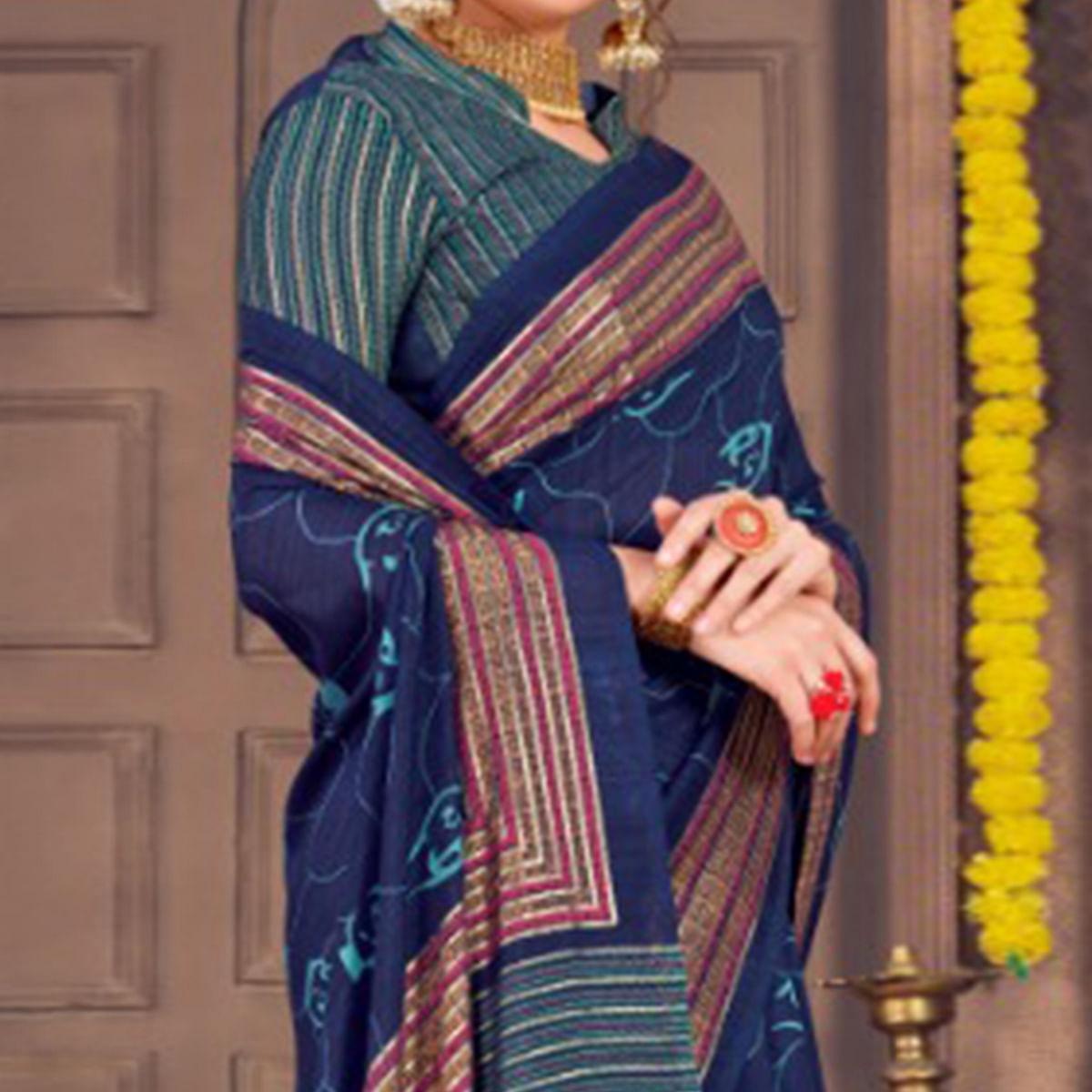 Peachmode Marvellous Navy Blue Colored Festive Wear Printed Georgette Saree With Tassels - view 2