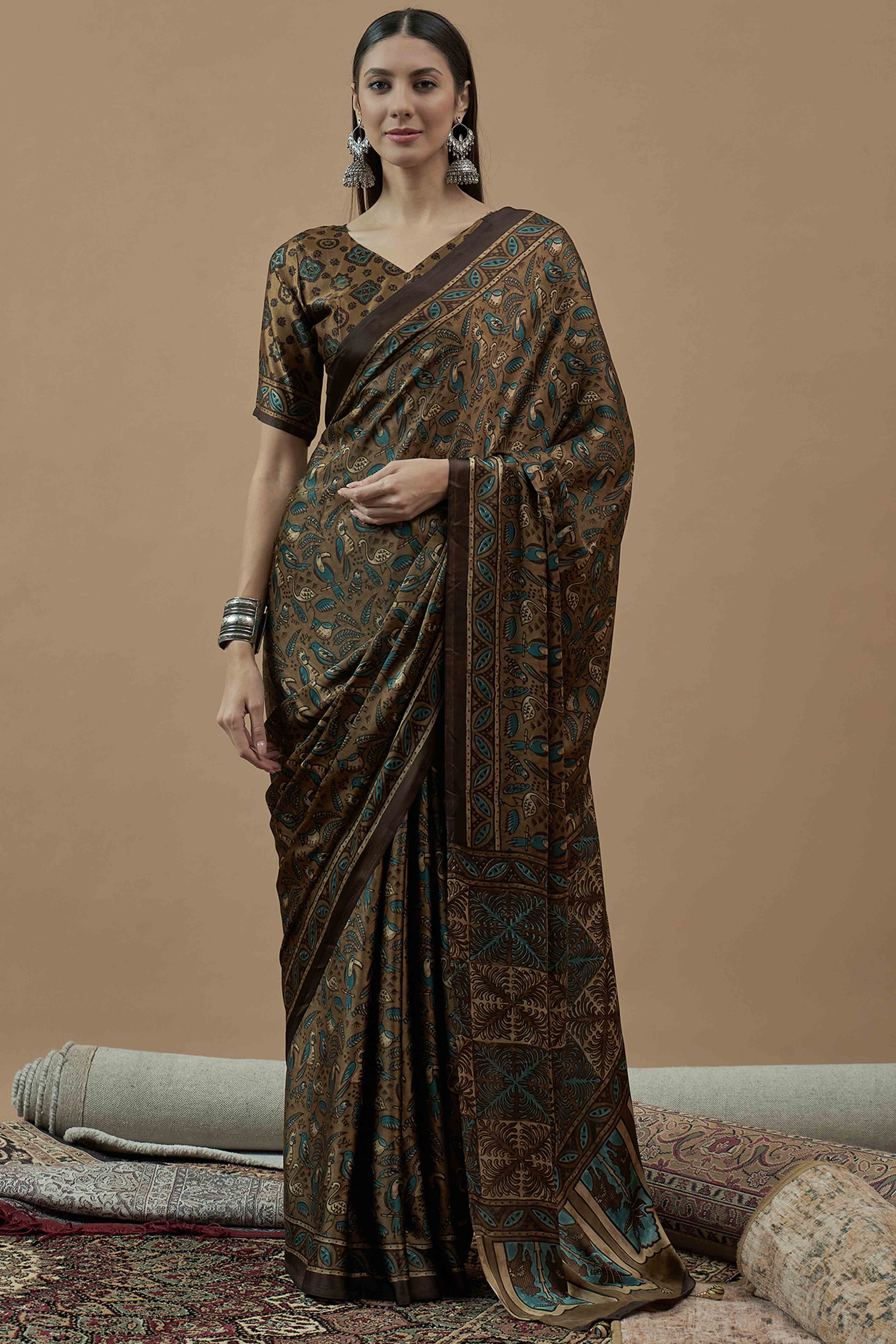 Peachmode Brown Ajrakh Printed Satin Saree With Tassels