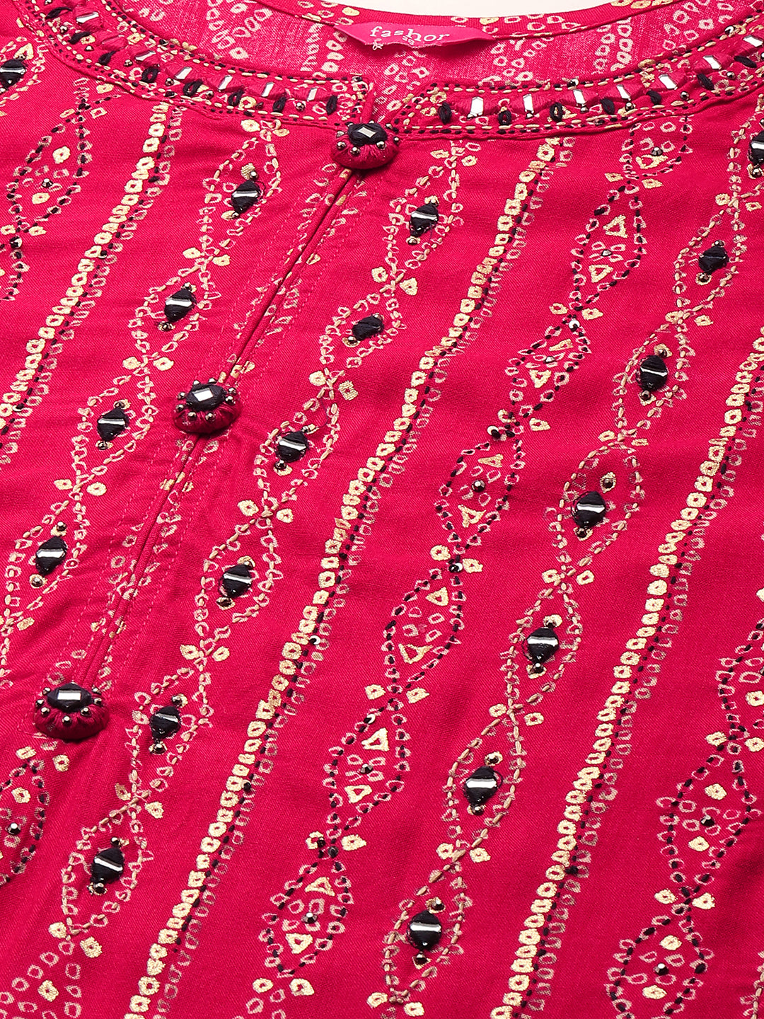 Fashor Bandhej Printed & Embroidered Kurta - Hot Pink - view 5
