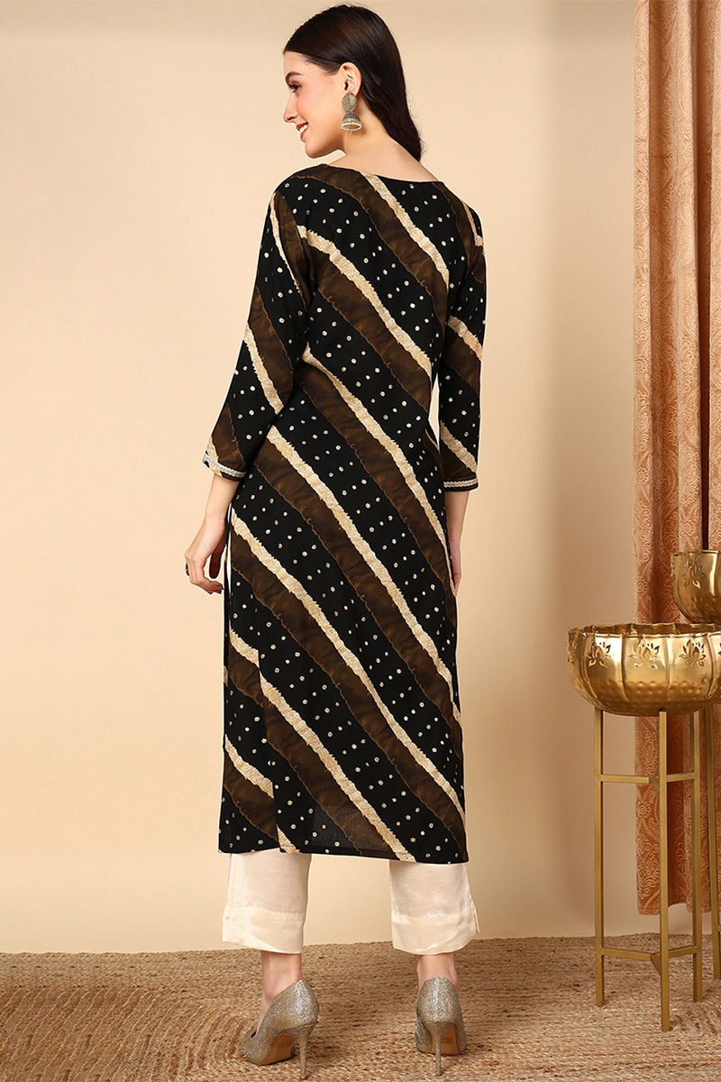 Ahika Plus Size Black Viscose Rayon Leheriya Printed Straight Kurta VCK9684 - view 4