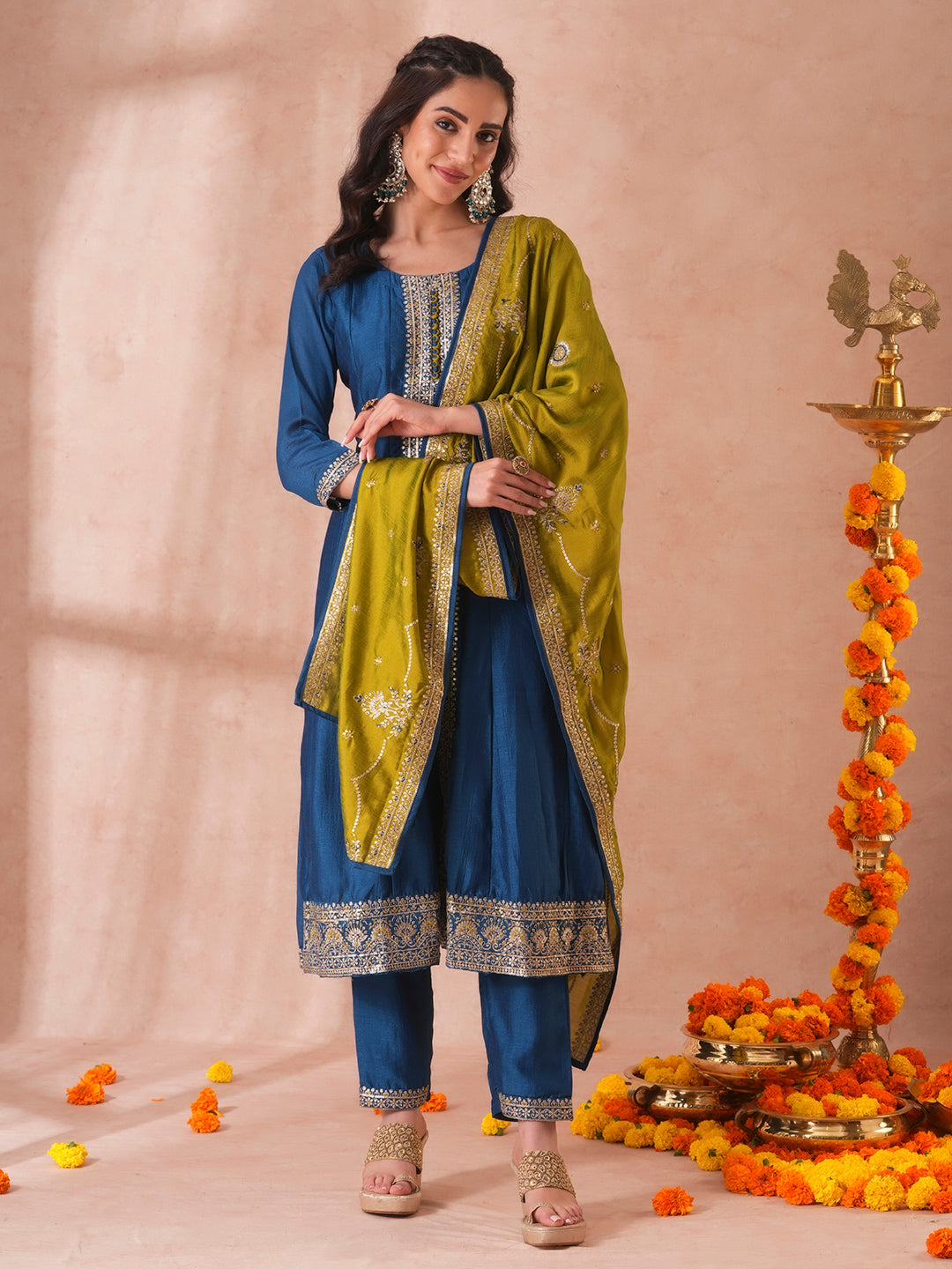 FASHOR Solid Ethnic Sequin Embroidered Anarkali Kurta with Pant and Dupatta - Teal Blue