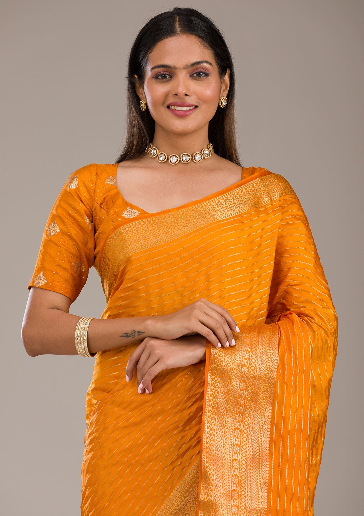 Koskii Orange Zariwork Soft Silk Saree – Women's - view 7
