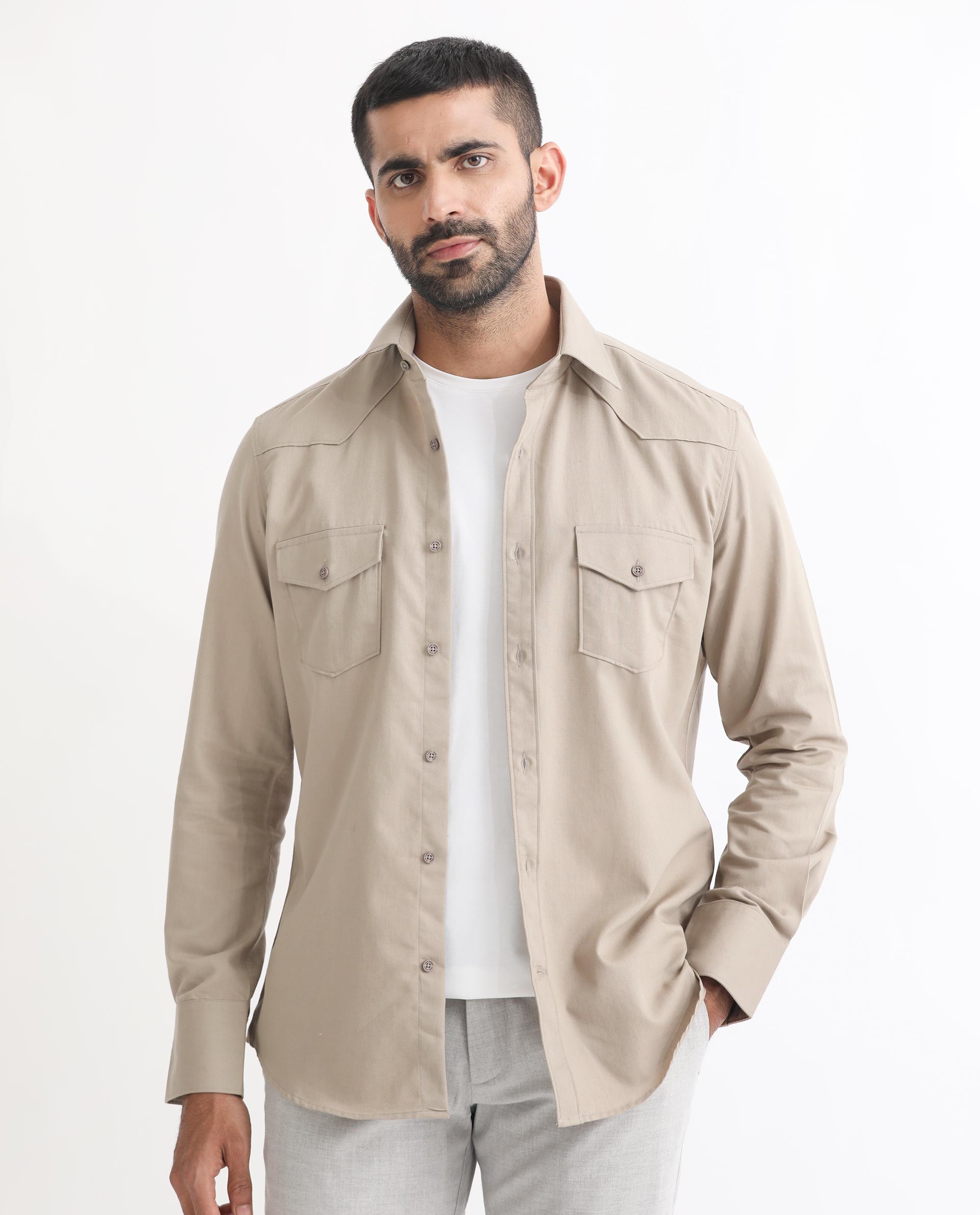 Rare Rabbit Men's Belia Beige Cotton Fabric Full Sleeves Solid Shirt - view 3