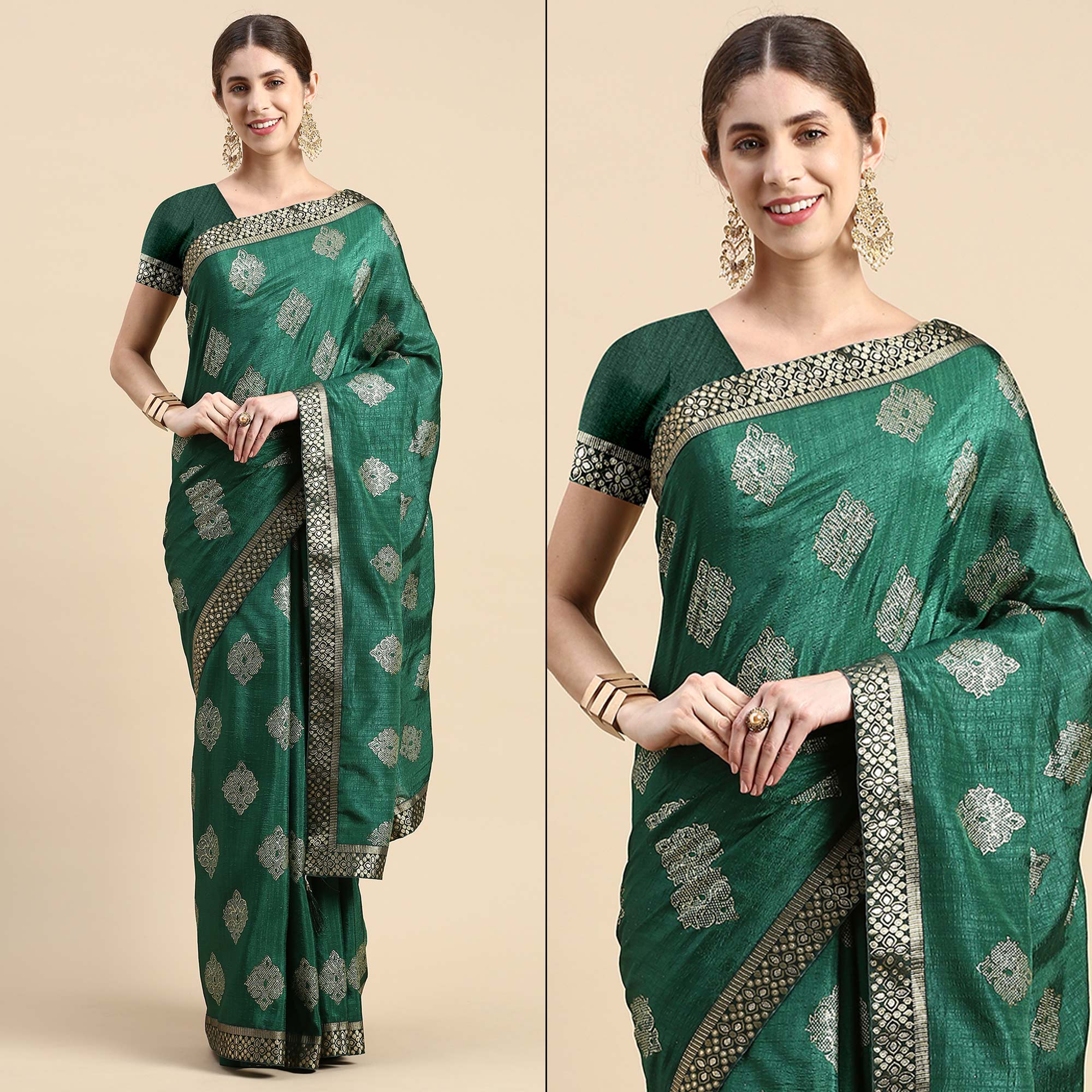 Green sarees – BlackTree green-floral-foil-printed-vichitra-silk-saree