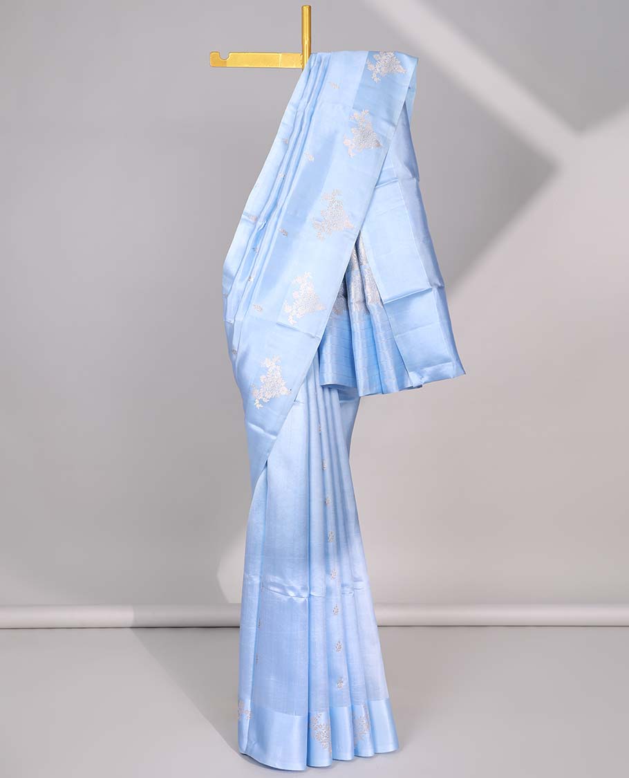 Pothys Blue floral buttas raw mango silk saree with self floral border & jaal zari design pallu