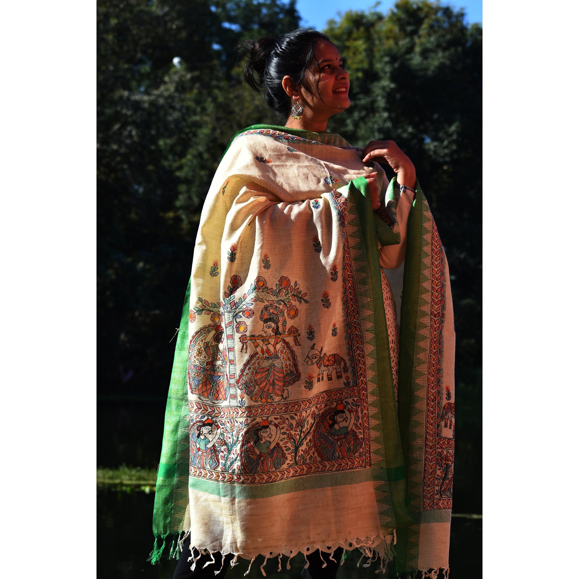 DIORAMA DESIGNS Beige - Madhubani Hand-Painted Cotton Dupatta - view 2