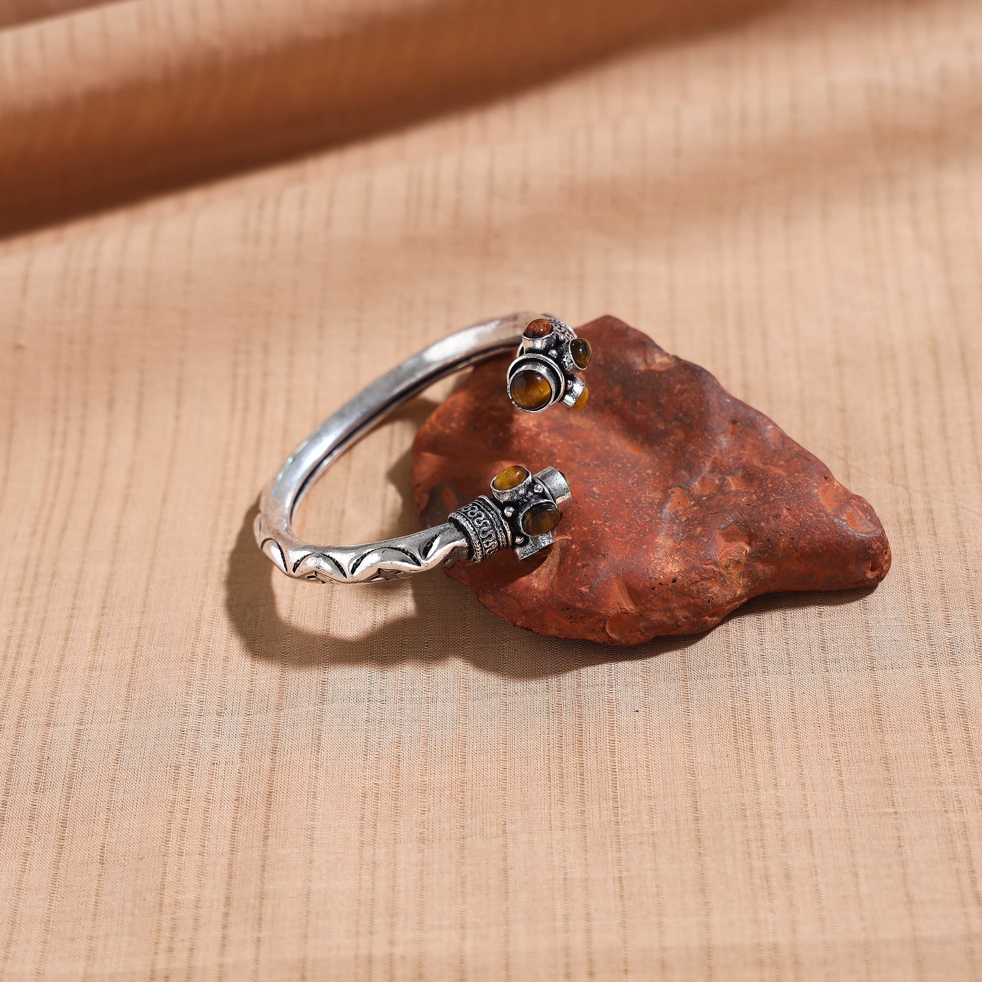 WHITE RIVER STORIES Antique Finish Oxidised German Silver Stone Bangle / Kada (Adjustable)