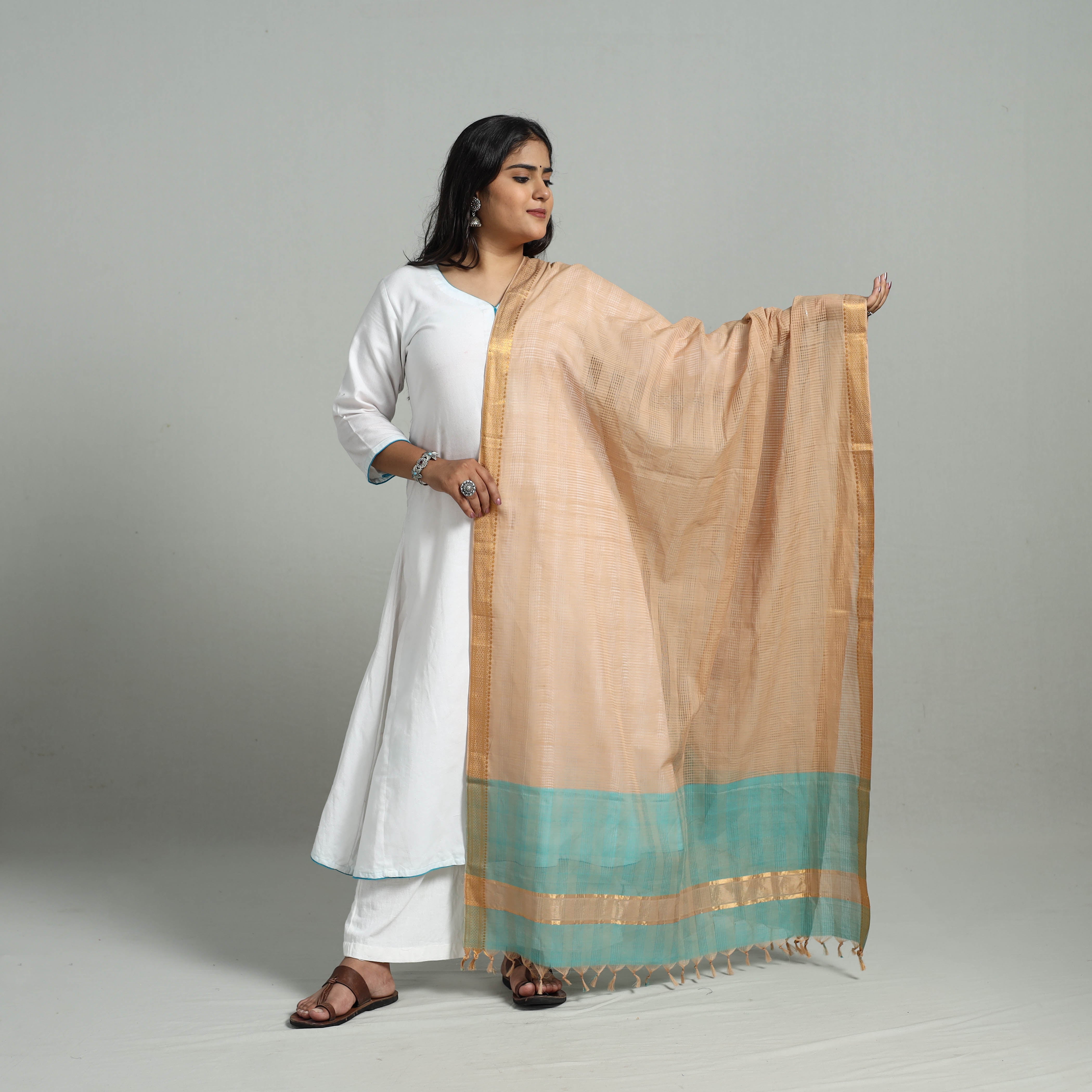SOUTH KARGHA Beige - Handloom Cotton Nizam Zari Border Mangalagiri Dupatta 02