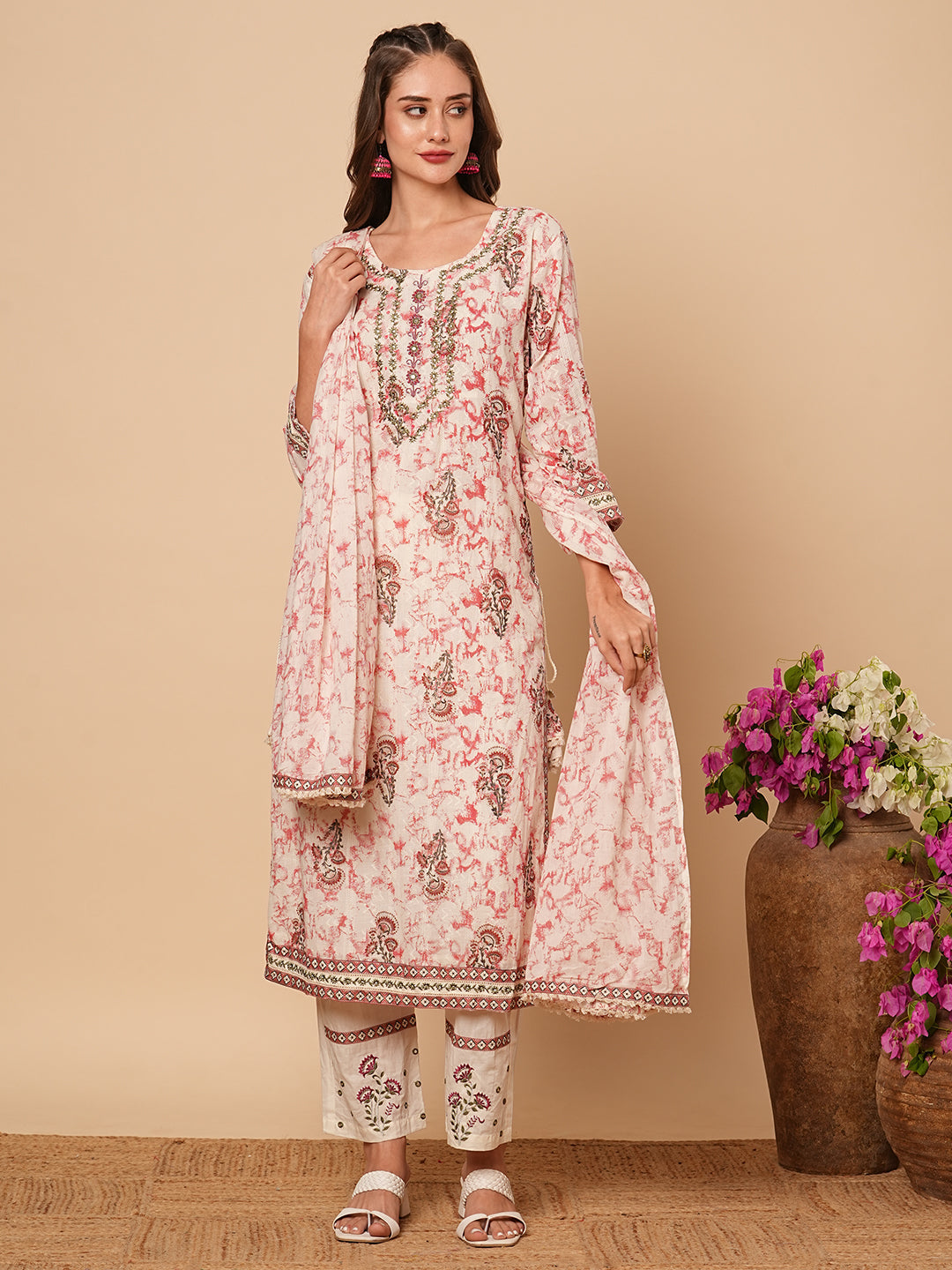 Fashor Abstract Printed & Ethnic Embroidered Straight Kurta with Pant & Dupatta - Off White