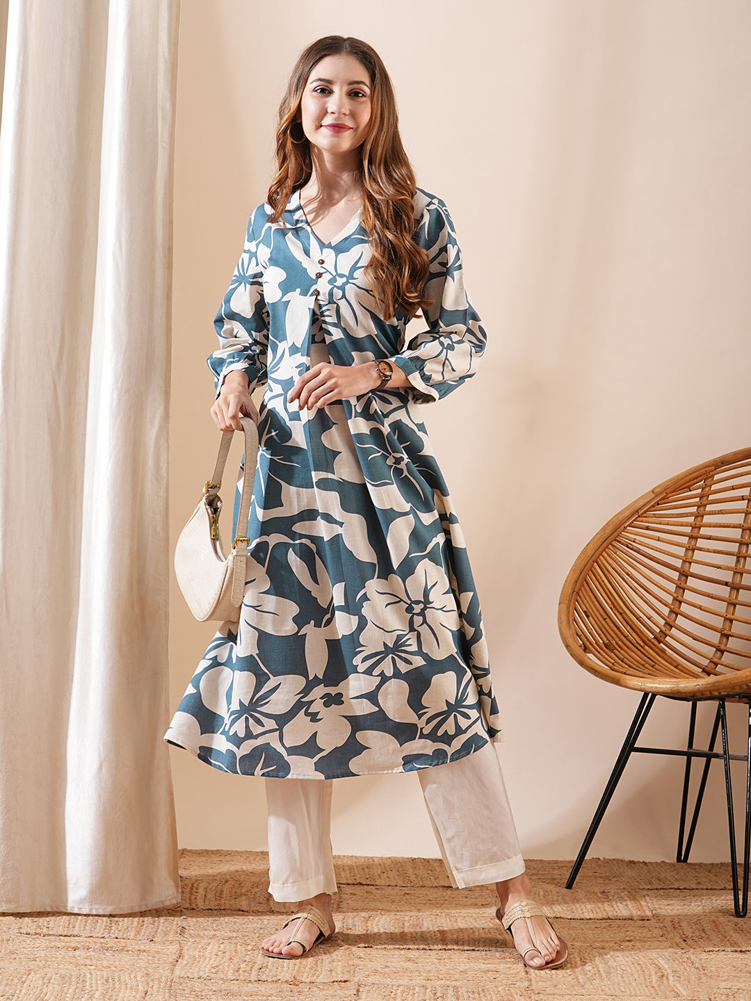 Fashor Abstract Printed A-Line Flared Kurta - Teal Blue - view 2