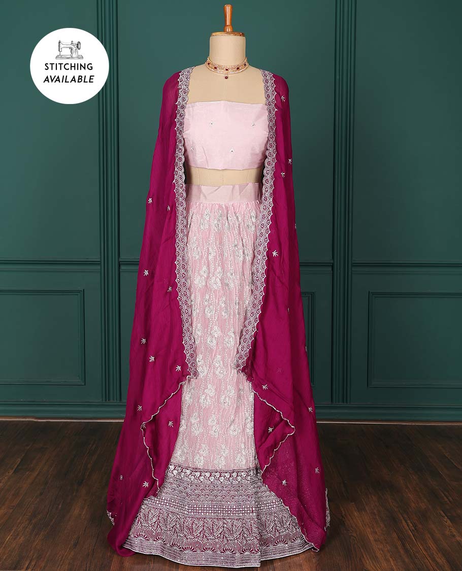 Pothys Pink artsilk halfsaree, contrast embroidered border,embroidered blouse & scallop embroidered dhavani