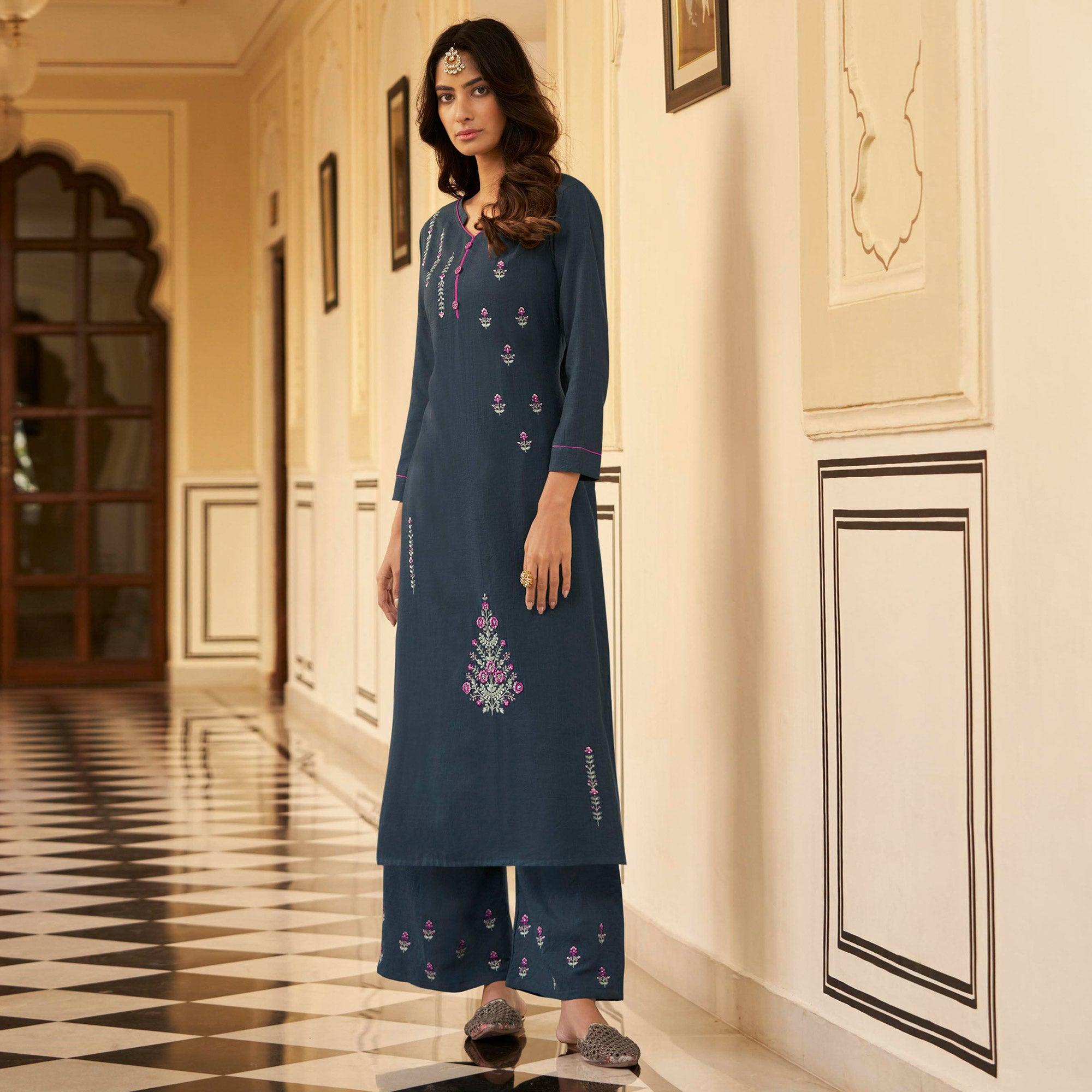 Peachmode Seller Dark Grey Casual Wear Embroidered Heavy Rayon Kurti - Palazzo Set