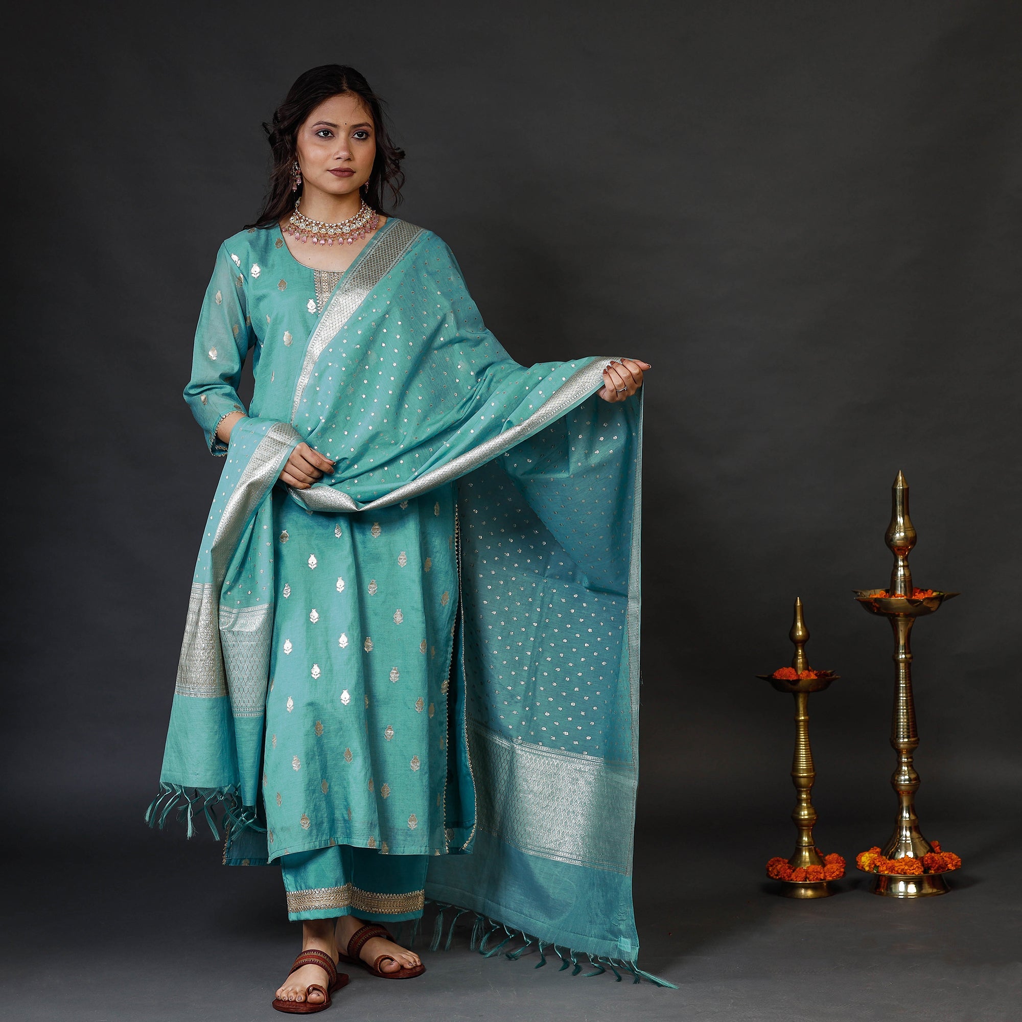 ITOKRI CASUALS Aqua Green Banarasi Silk Zari Work Kurta with Palazzo & Dupatta Set - view 2