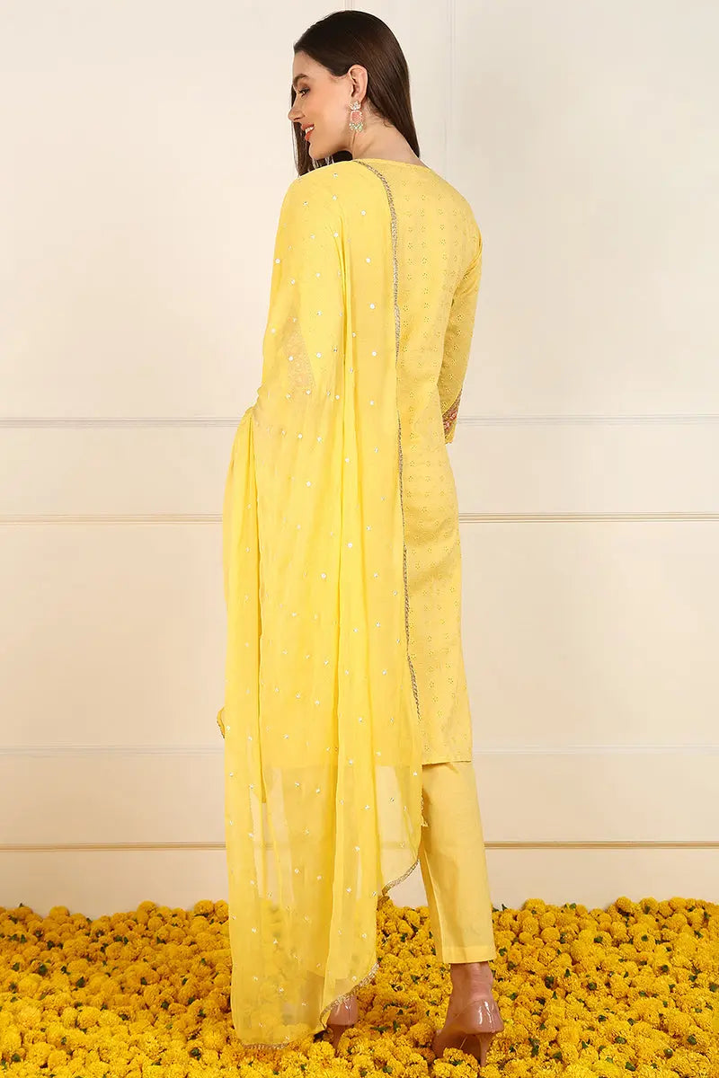 Ahika Yellow Cotton Embroidered Straight Suit Set JPSKD1052YLW - view 2
