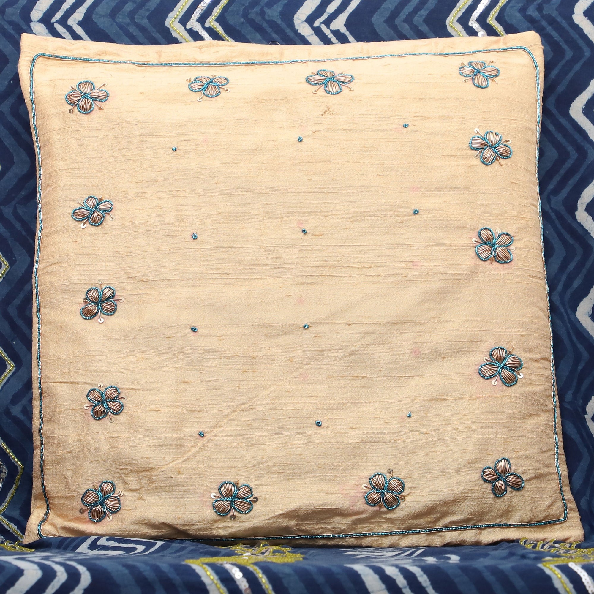 TICS Beige - Flower Butas - Zardozi Hand Embroidered Raw Silk Cushion Cover - view 2