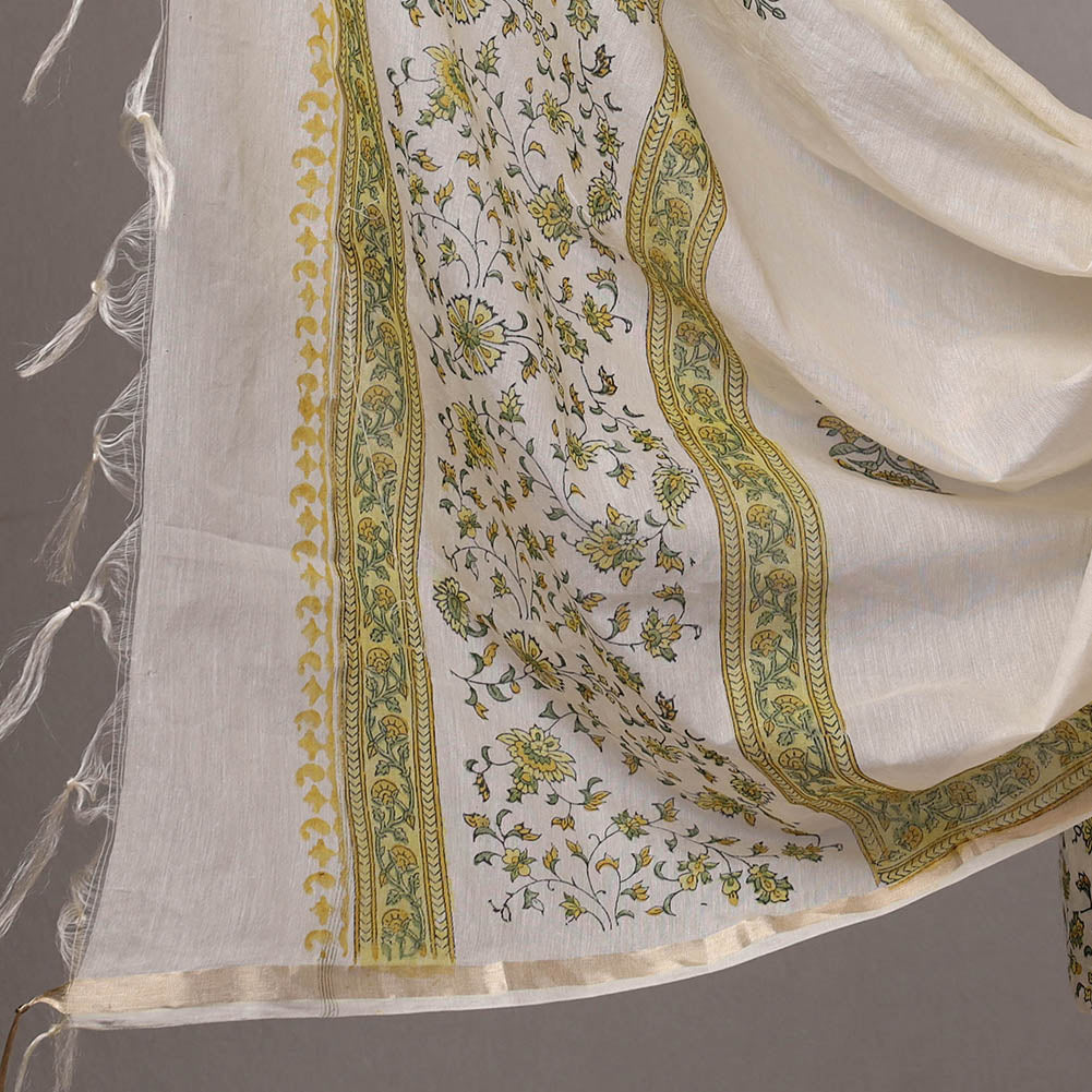 HAVELI CHRONICLES Beige - 3pc Sanganeri Block Printed Cotton Suit Material with Chanderi Silk Dupatta 03 - view 4