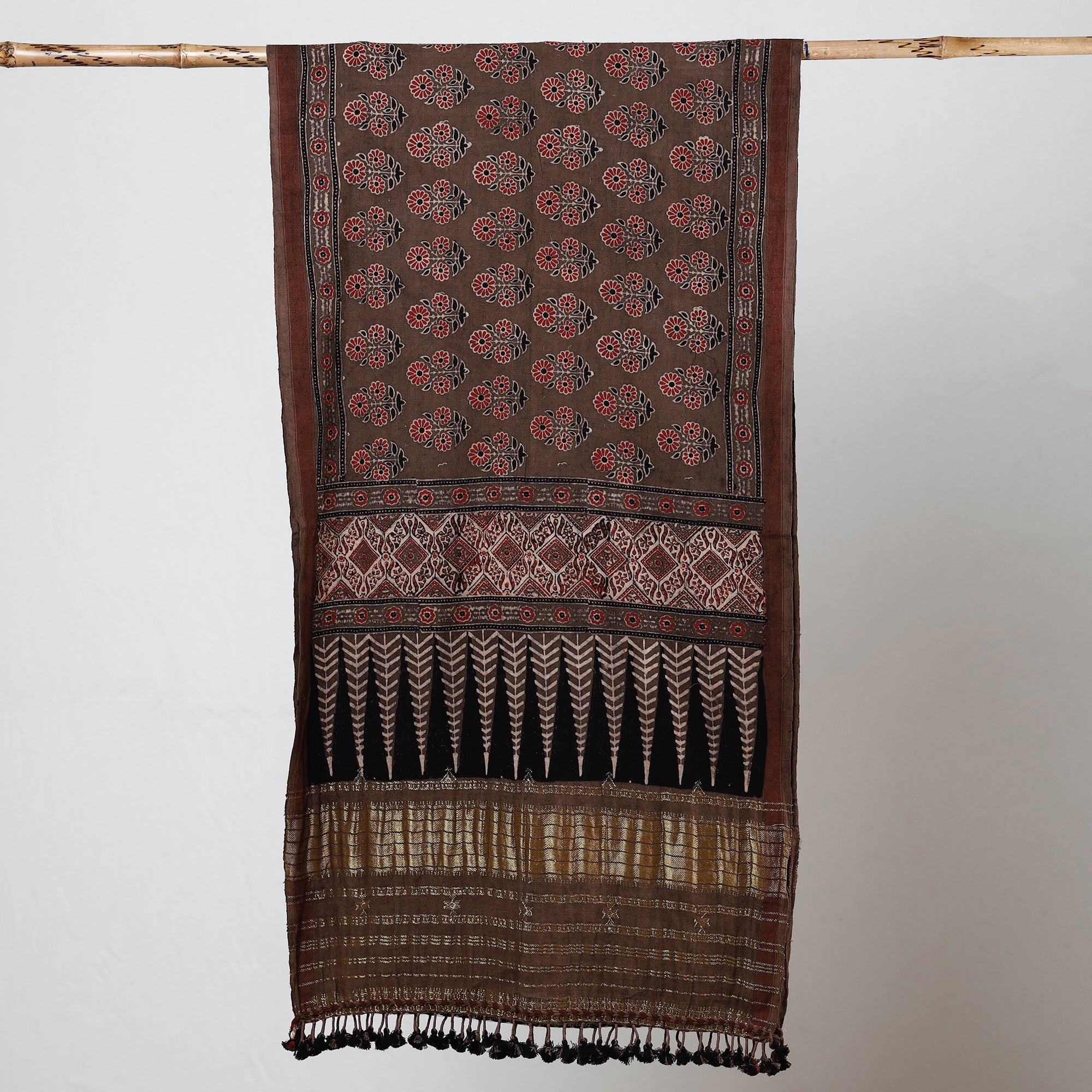 KACHCHH JI CHHAAP Brown - Ajrakh Prints Kutch Bhujodi Kala Cotton Handwoven Zari Work Stole - view 3