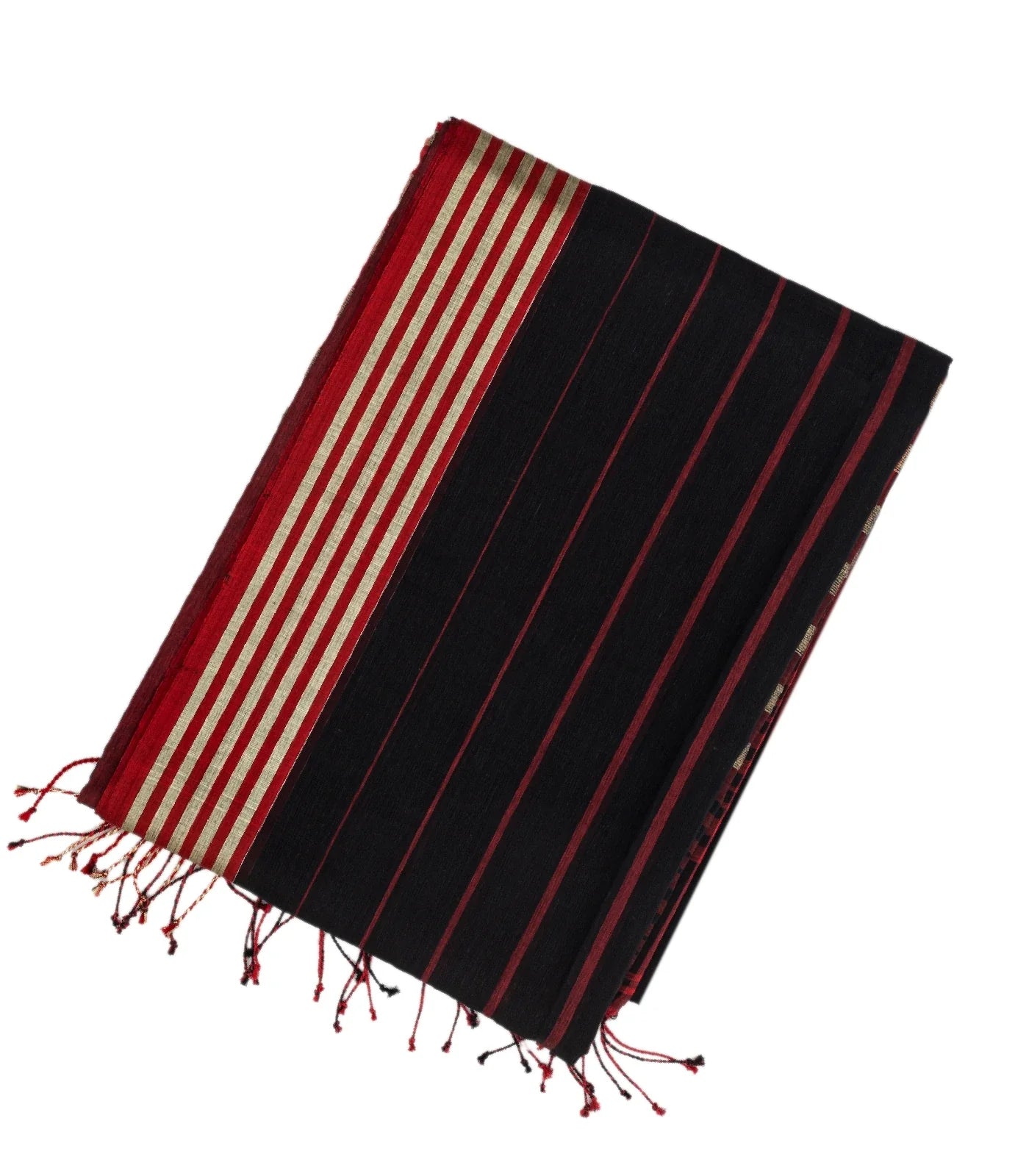 RmKV Maroon Handloom Bengal Cotton Saree With Red & Black Gradient stripes