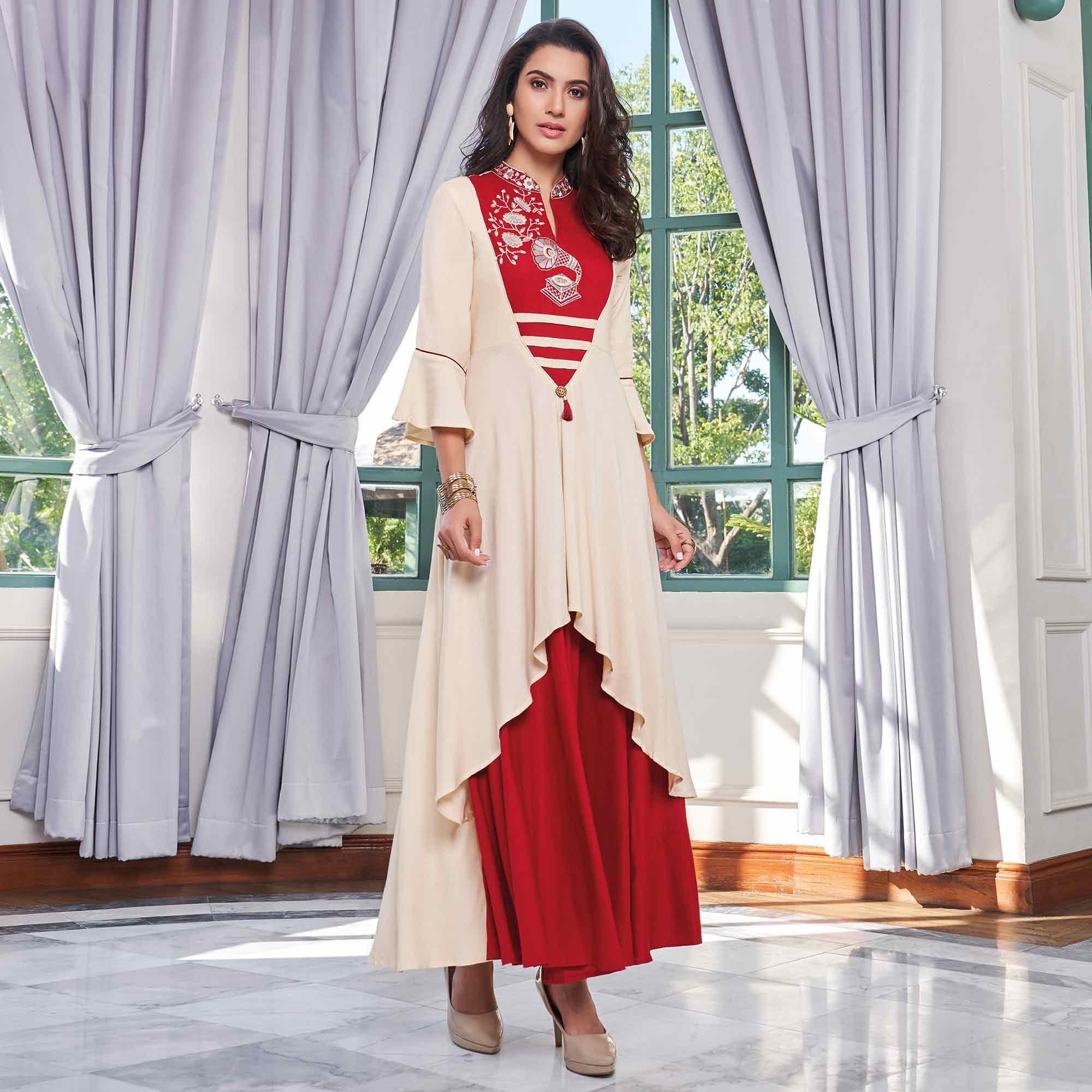 Peachmode Seller Hypnotic Red-Cream Colored Party Wear Embroidered Rayon Long Kurti