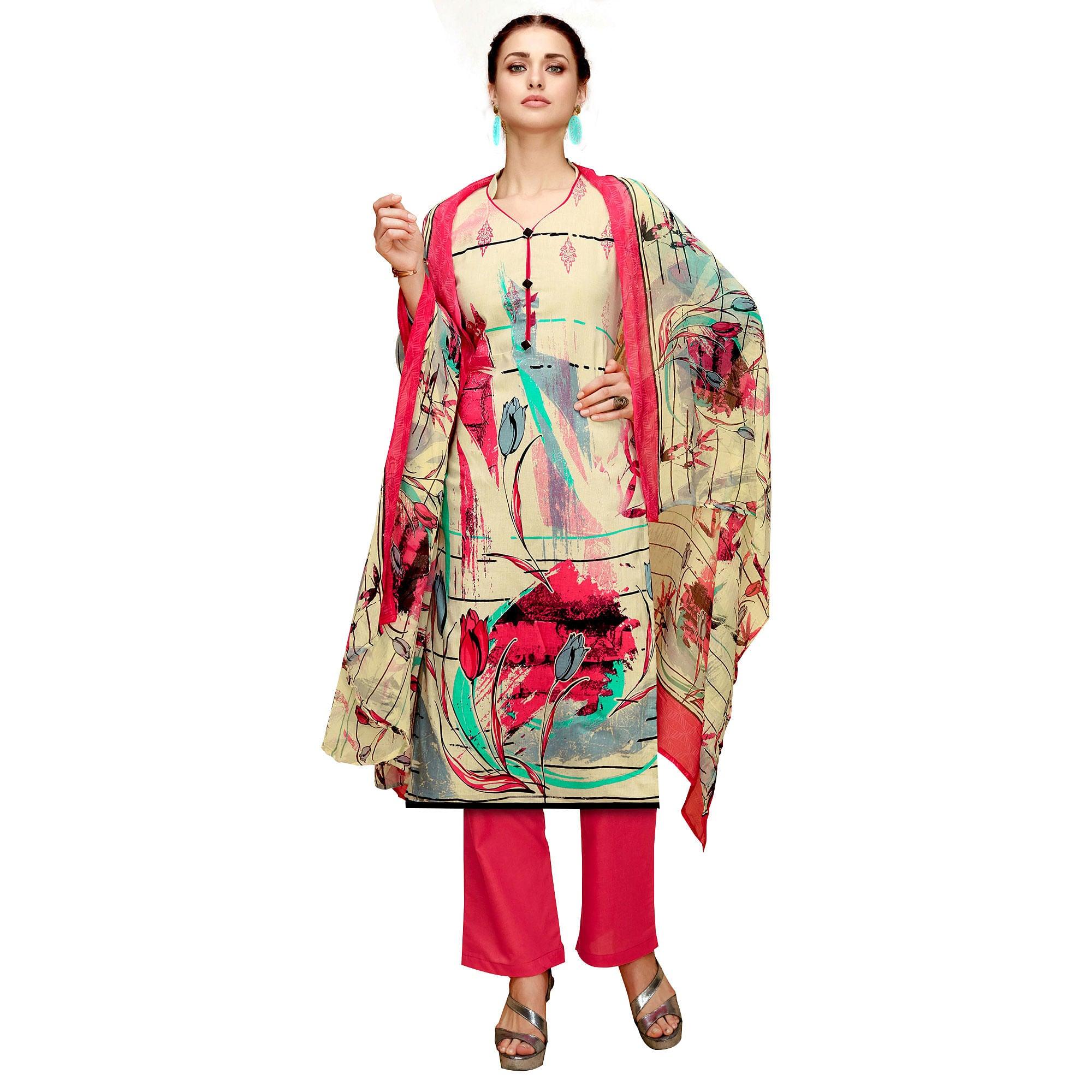 Peachmode Gleaming Beige-Red Colored Casual Printed Cotton Dress Material