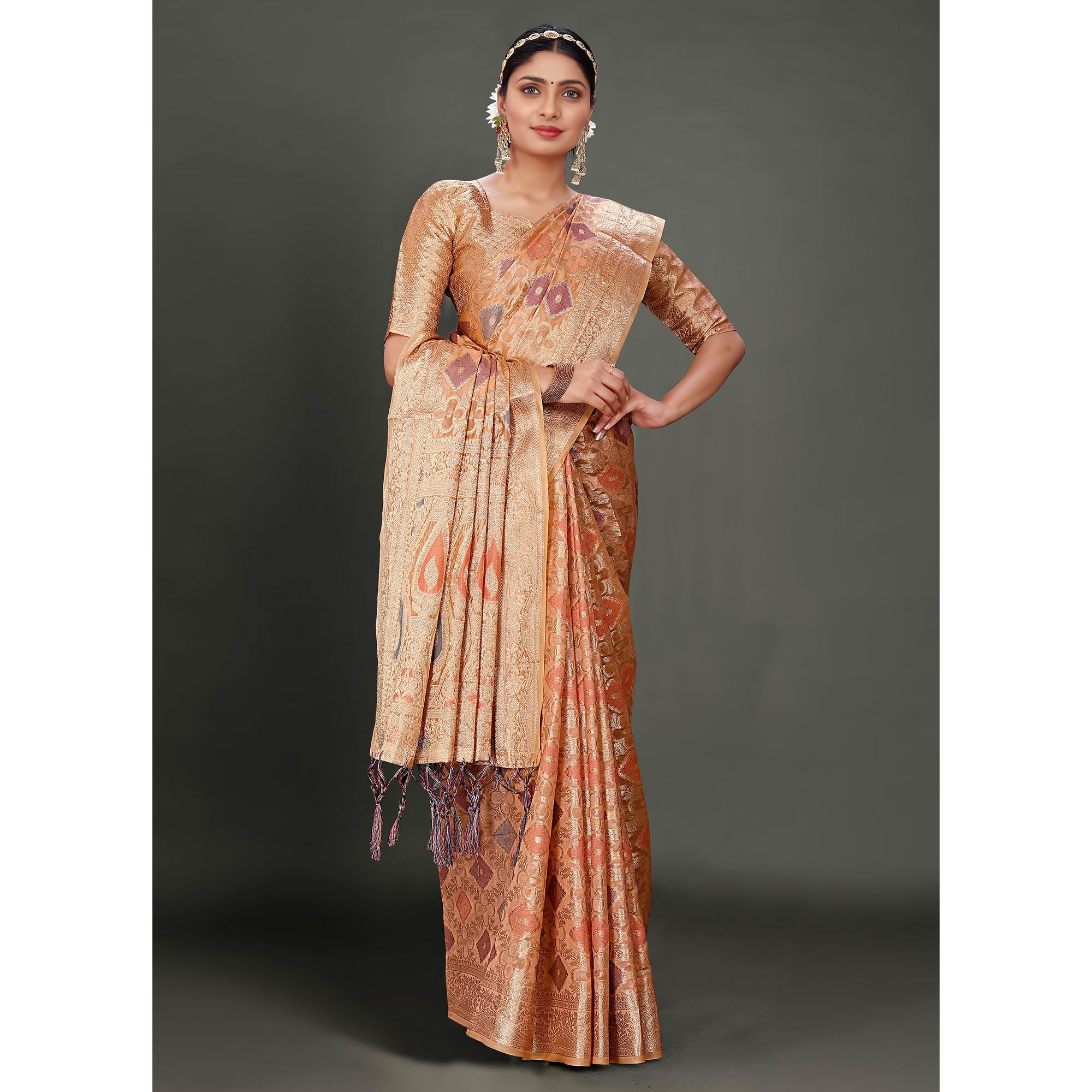 Peachmode Dark Peach Woven Organza Saree With Tassels - view 5