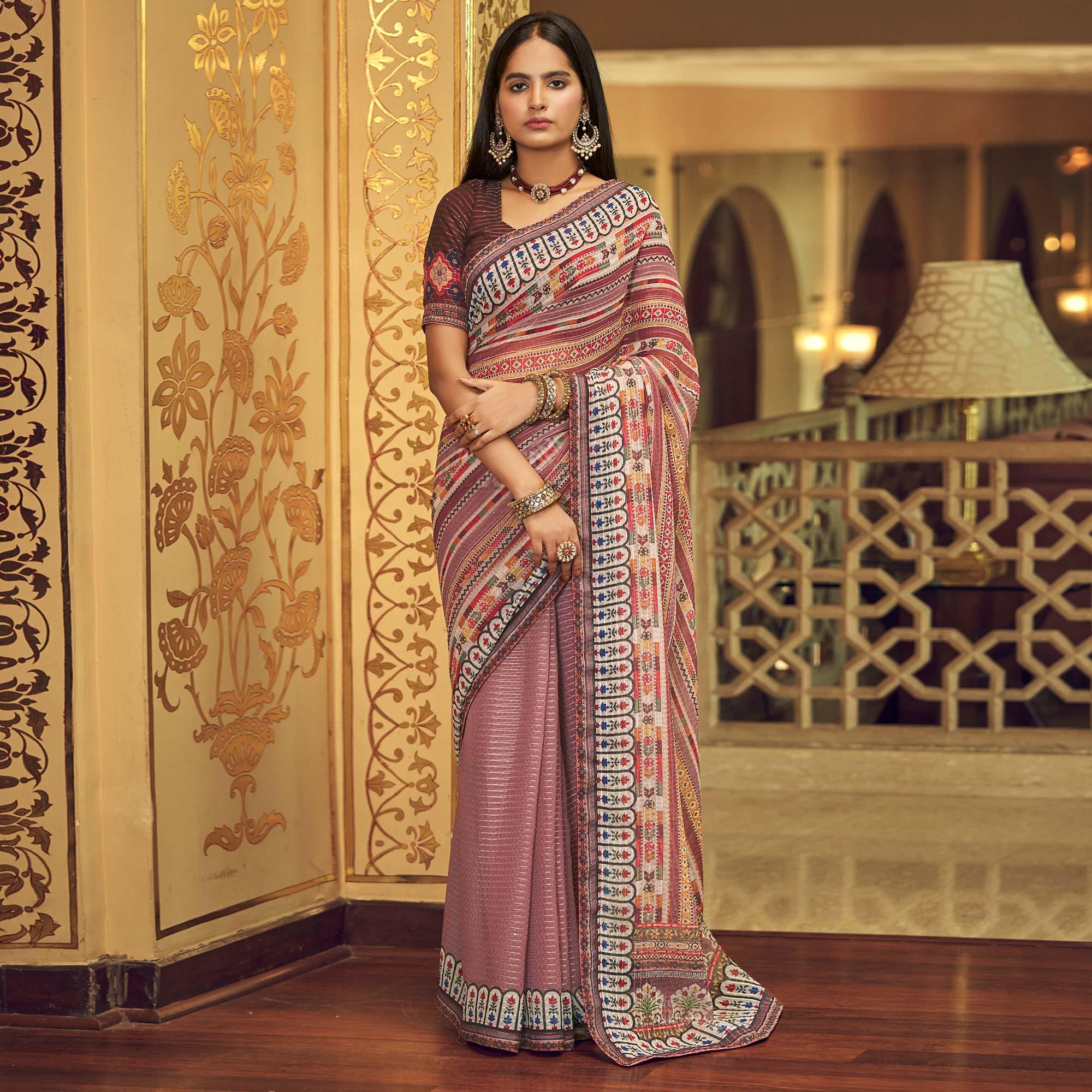 Peachmode Mauve Printed With Embellished Georgette Half and Half Saree - view 2