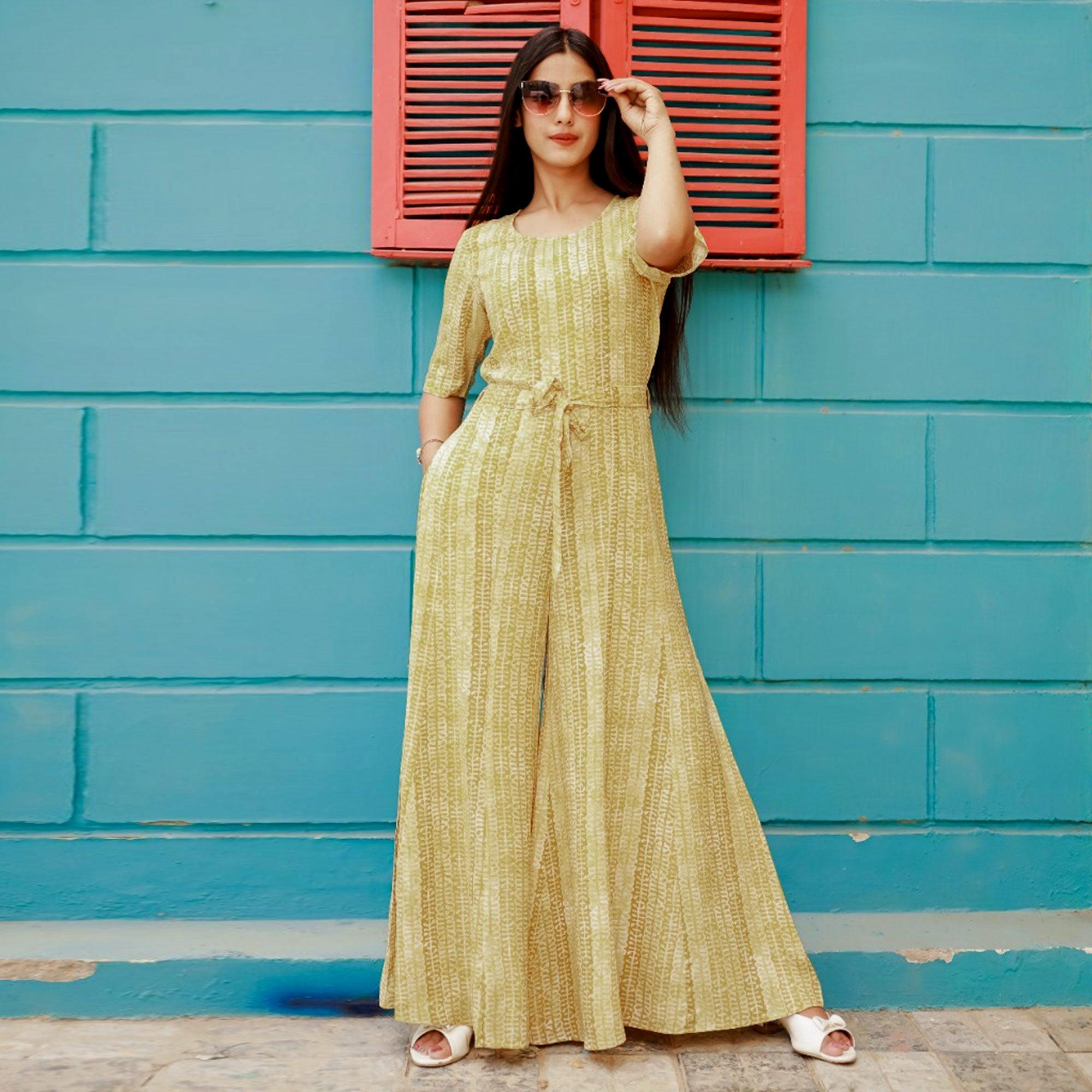Peachmode Lemon Yellow Printed Rayon Jumpsuit - view 2