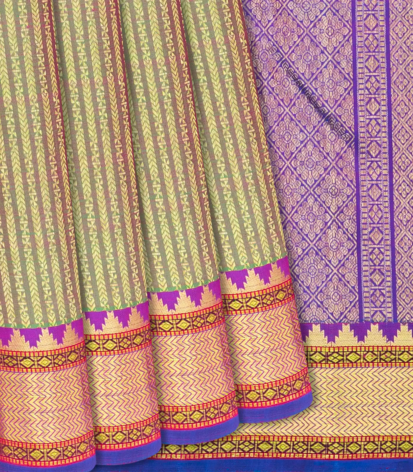 RmKV Green Handloom Kanchipuram Silk Saree With Zari Stripes-Green