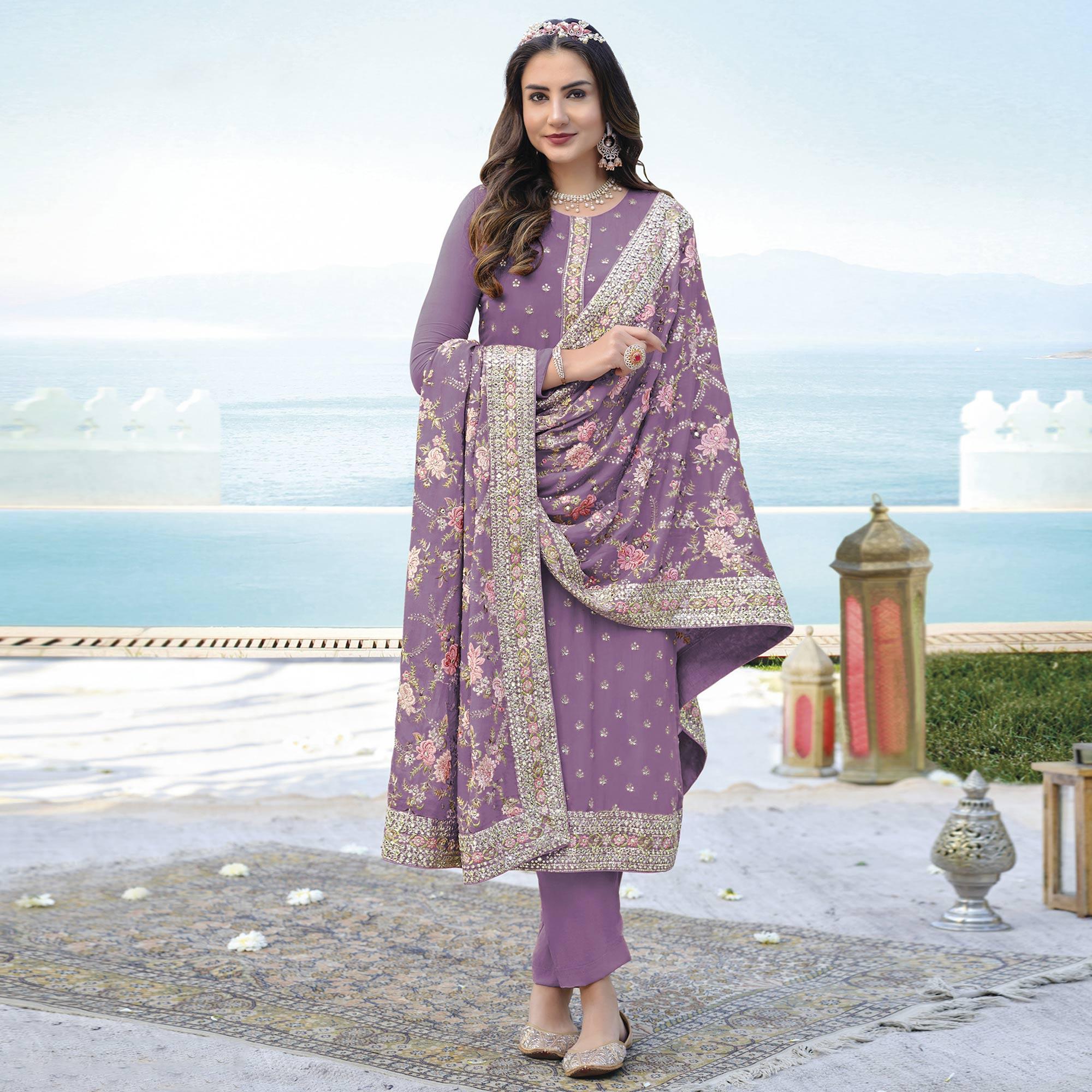 Peachmode Lavender Embroidered With Embellished Georgette Salwar Suit - view 2