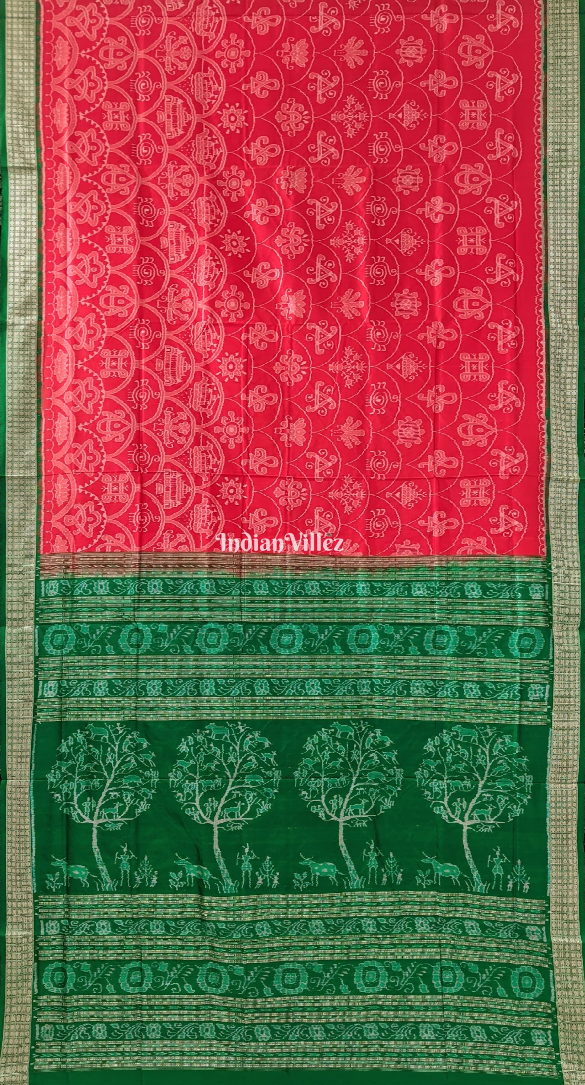 IndianVillèz Reddish Orange Green Sambalpuri Bomkai Silk Saree - view 2