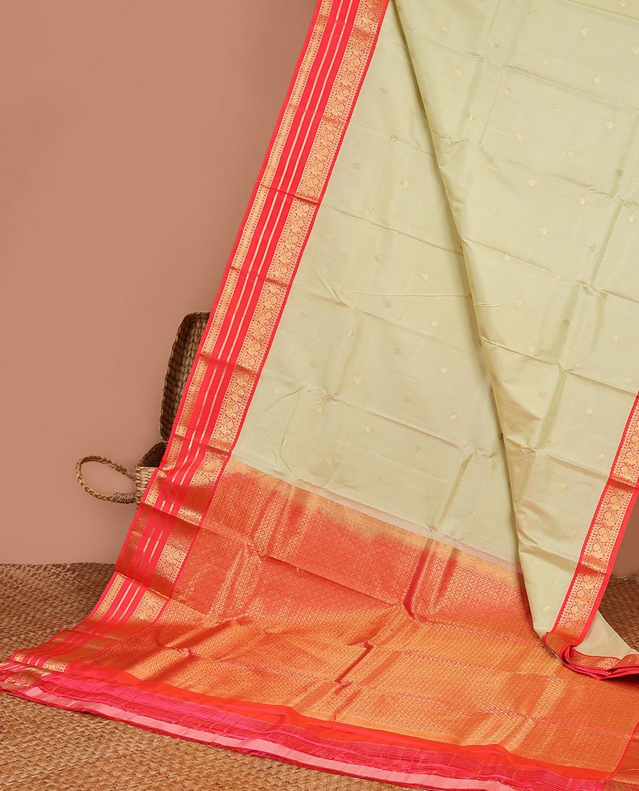 Pothys Cream floral buttas silk saree with korvai border of rekku , mayil design & intricate jaal zari design pallu - view 2